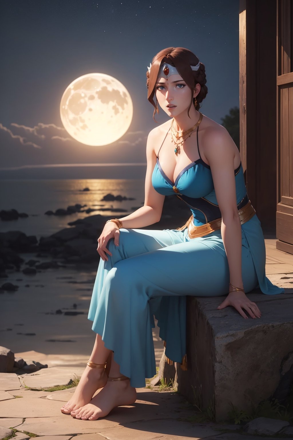 official art, mirana, 1girl, medium full shot, solo, brown hair, cleavage, hand the the side, bare feet, necklace, bare shoulders, sitting on stone, blue eyes, moonlit night, magical grove, magic particles, (blue tones), best quality, (masterpiece), realistic, 8k illustration,
lora:dotaMirana:0.7
