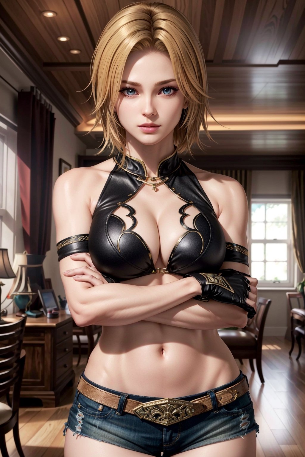 (masterpiece, best quality:1.3), lora:TinaArmstrongDOA:0.8,
TinaArmstrongDOA, 1girl, solo, breasts, looking at viewer, short hair, large breasts, gloves, navel, cleavage, bare shoulders, shorts, midriff, belt, lips, crop top, short shorts, clothing cutout, halterneck, black shorts, crossed arms, cleavage cutout, armlet, realistic
