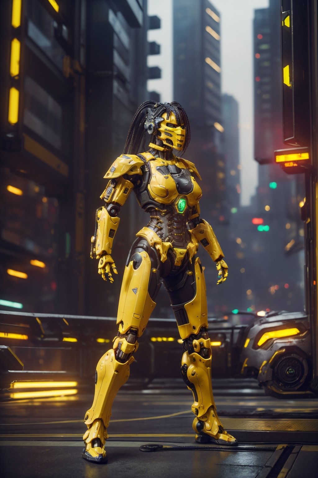 lora:Cyrax_v1:0.7, Masterpiece, best quality, (highly detailed raw photo:1.2), 8k render in octane, volumetric lighting, volumetric shadows , portrait of a yellow robot, (armor reflexions:1.2), attack posture, long hair, random posture
((cyberpunk city with people in the background))
,a yellow robot