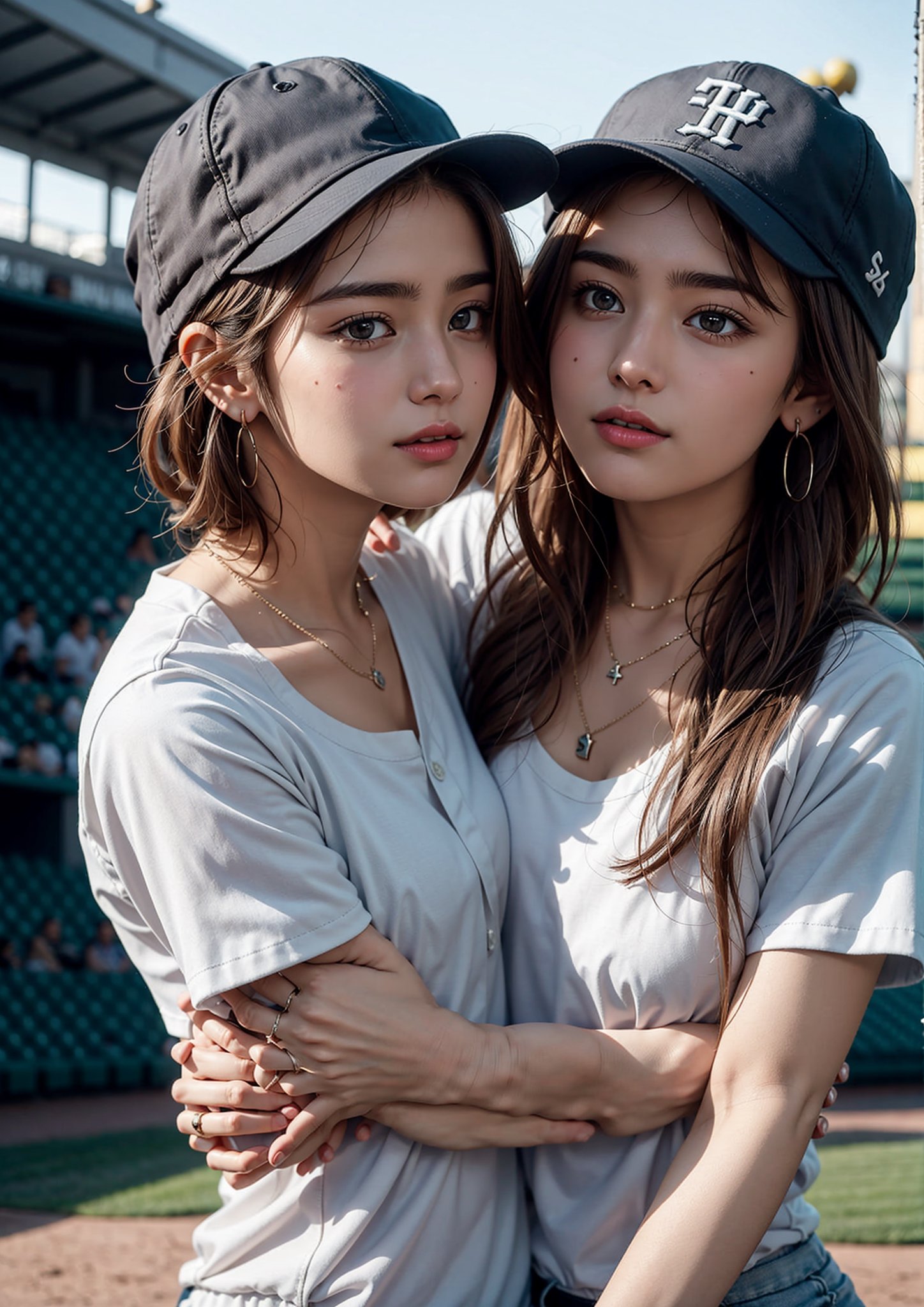 2girl, twin sisters, closed hug, 22 years old koren woman,
necklaces and earrings,
baseball cap,
glossy brown short hair,
a tight baseball uniform
a half-body shot,
Baseball stadium background,
natural lighting on one's face, 
tamannah bhatia,hf_Alexandra_Nagy-20,Detailedface,Detailedeyes,hug