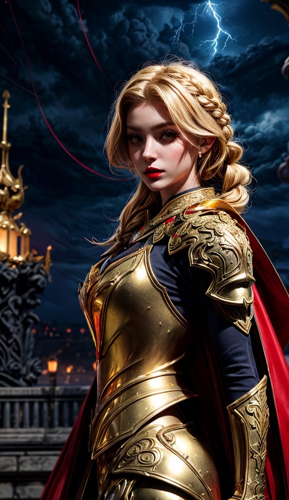 solo, portrait of paladin lady in ornate armor, red lips, pauldrons, frills, cape, blonde hair, braid, glowing halo, night, particles, royal castle background, bokeh, yellow lightning, storm, dark clouds