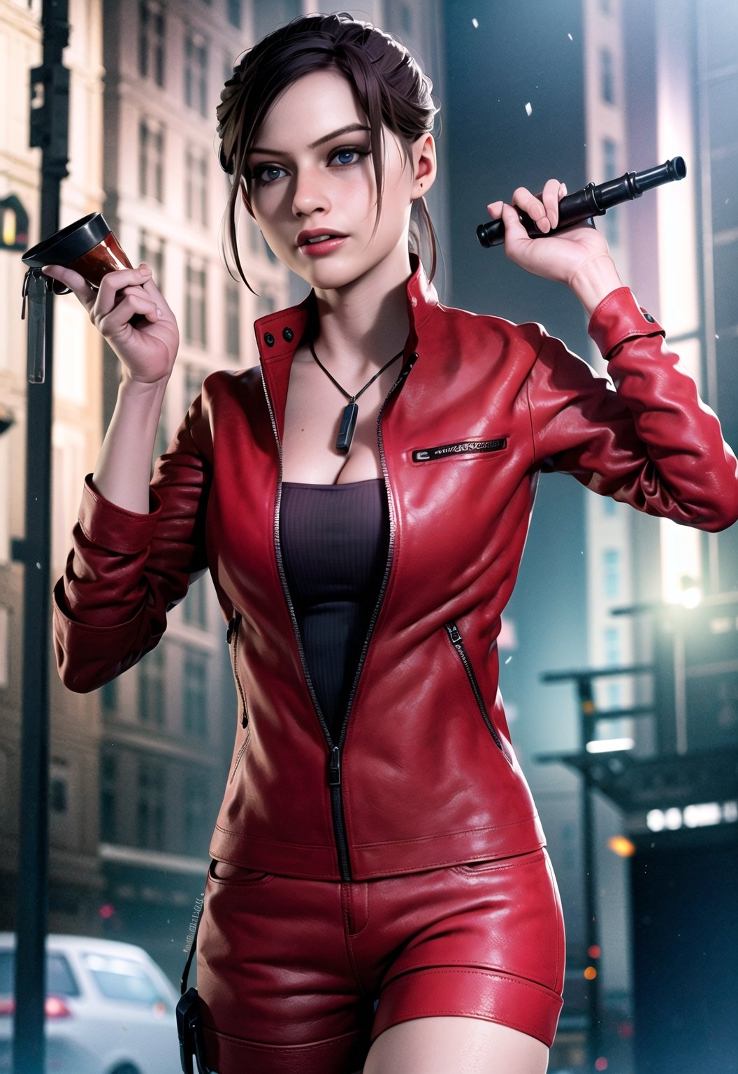 1girl, cowboy shot of claired, (red tight dress), night, city, holding wine glass, red jacket, volumetric lighting, athletic, best quality, masterpiece, intricate details, tonemapping, sharp focus, hyper detailed, trending on Artstation, lora:sxz-claired-new:0.6,
,claired