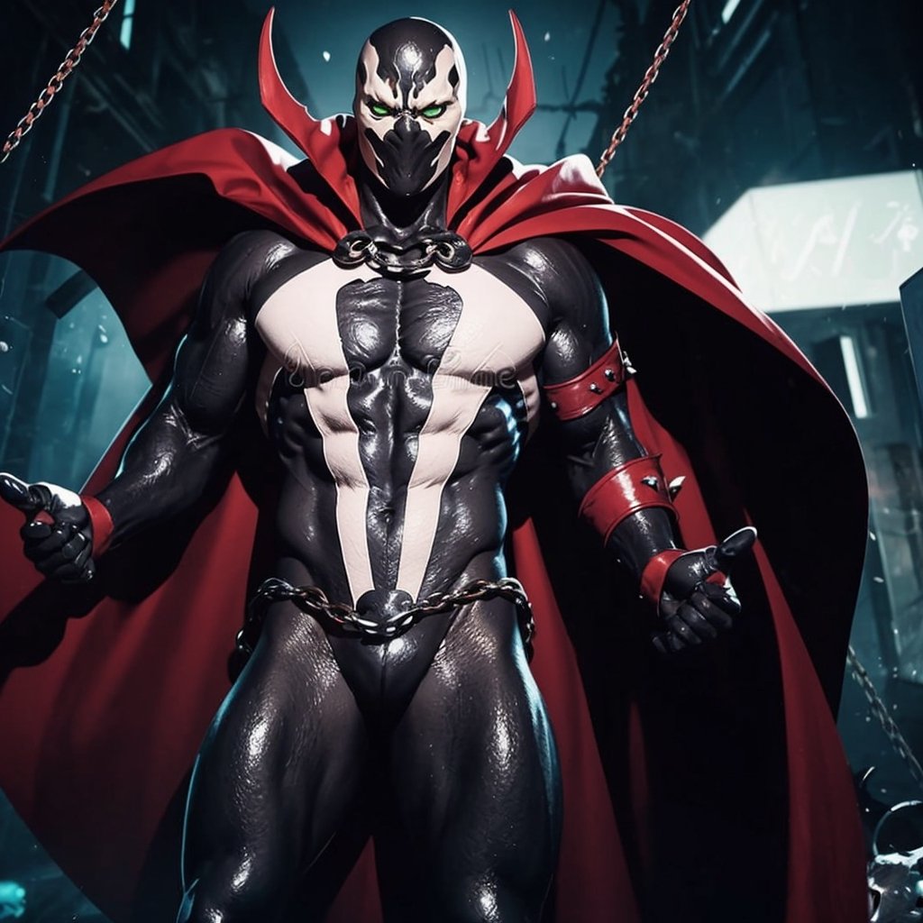 (masterpiece:1.2, best quality:1.2), ((masterpiece)), (((best quality))), ((ultra-detailed)), ((illustration)), (1man, male, solo), (spawn, red cape, chains, green eyes), mask, white markings, full black suit, broad shoulders, chaos, ((hell, underworld)), fisheye lens,spawn