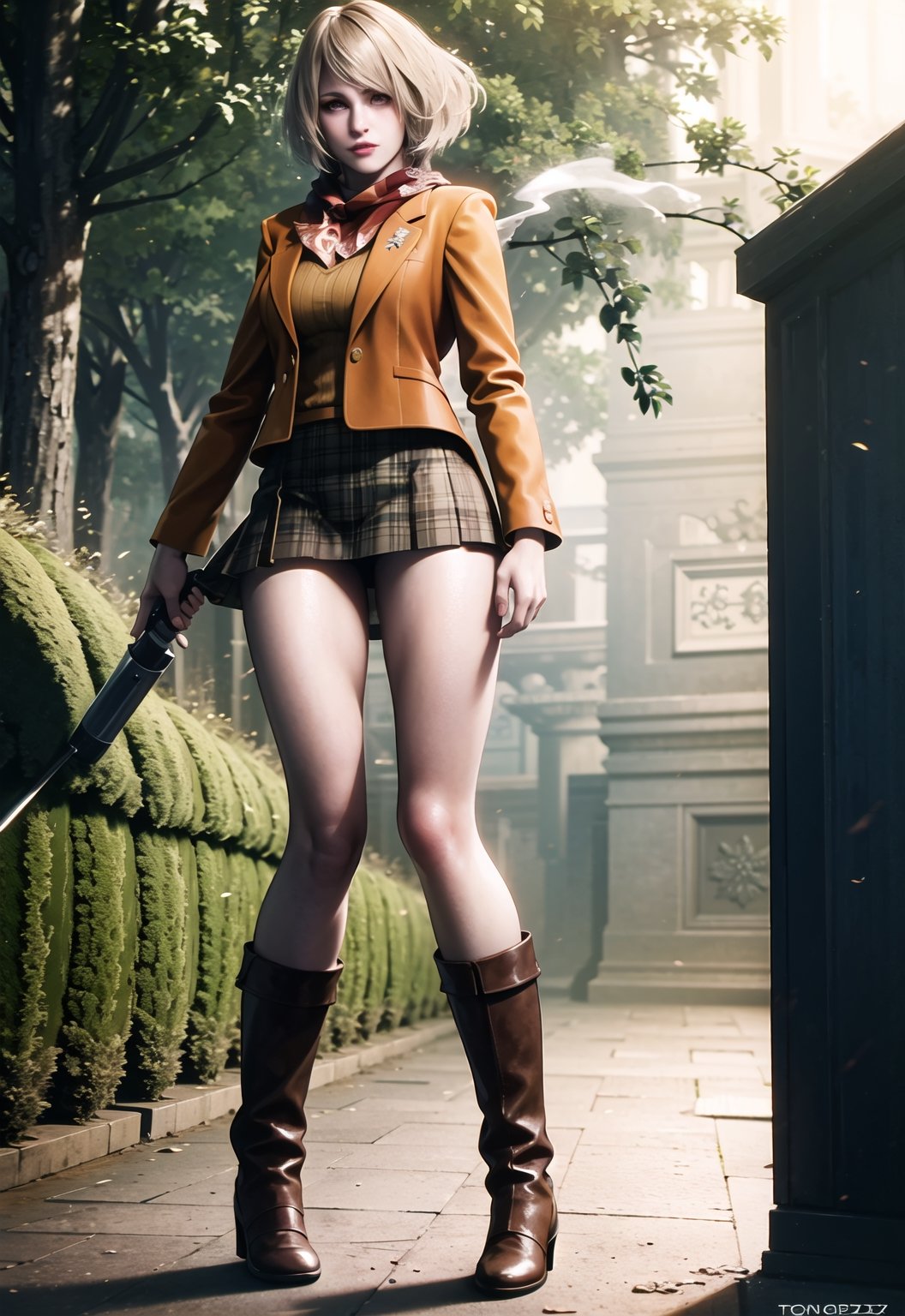 1girl, full body of re4ashley, orange jacket, scarf, black plaid skirt, pantyhouse, boots, athletic, dark forest, smoke, fog, volumetric lighting, best quality, masterpiece, intricate details, tonemapping, sharp focus, hyper detailed, trending on Artstation, realistic, lora:sxz-ashley-graham:0.6
,re4ashley