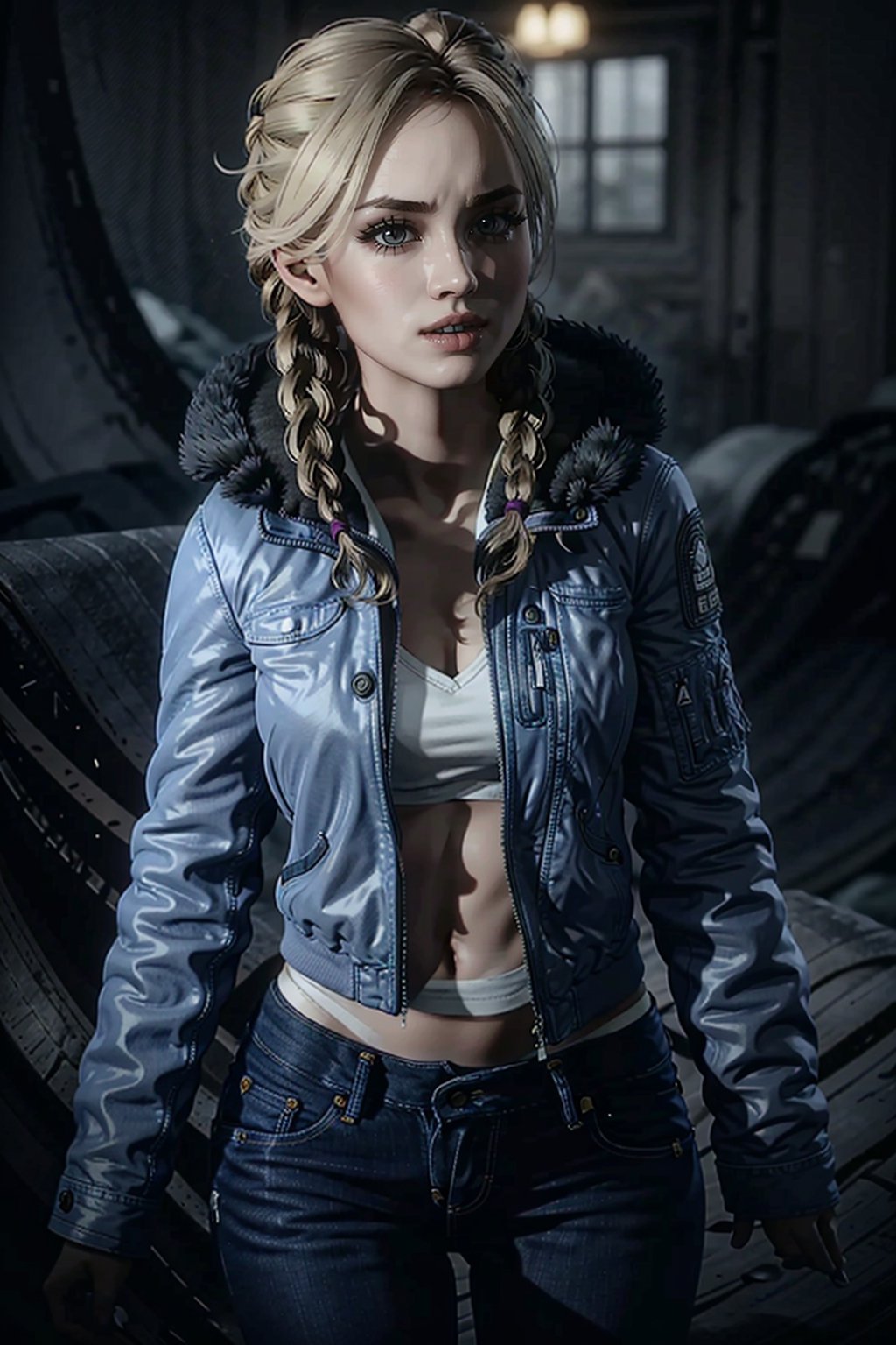 JessicaUntil, 1girl, solo, braid, blonde hair, jacket, denim, realistic, twin braids, pants, dark, jeans, lora:JessicaUntil:0.7