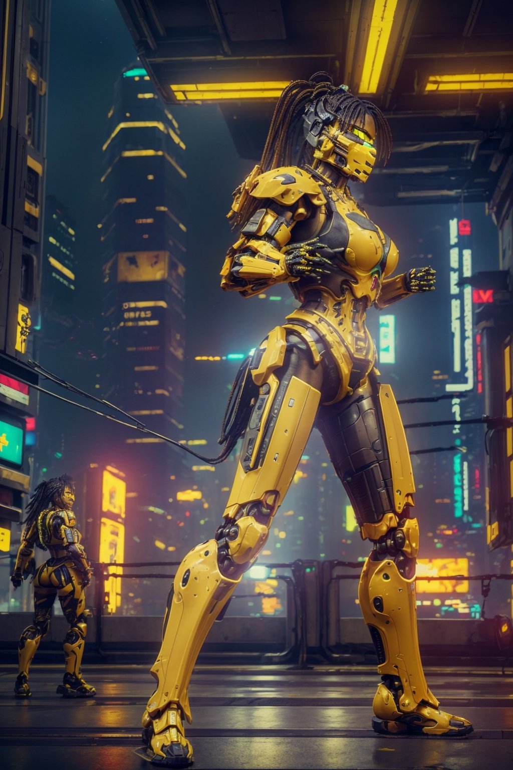 lora:Cyrax_v1:0.7, Masterpiece, best quality, (highly detailed raw photo:1.2), 8k render in octane, volumetric lighting, volumetric shadows , portrait of a yellow robot, (armor reflexions:1.2), attack posture, long hair, random posture
((cyberpunk city with people in the background))
,a yellow robot