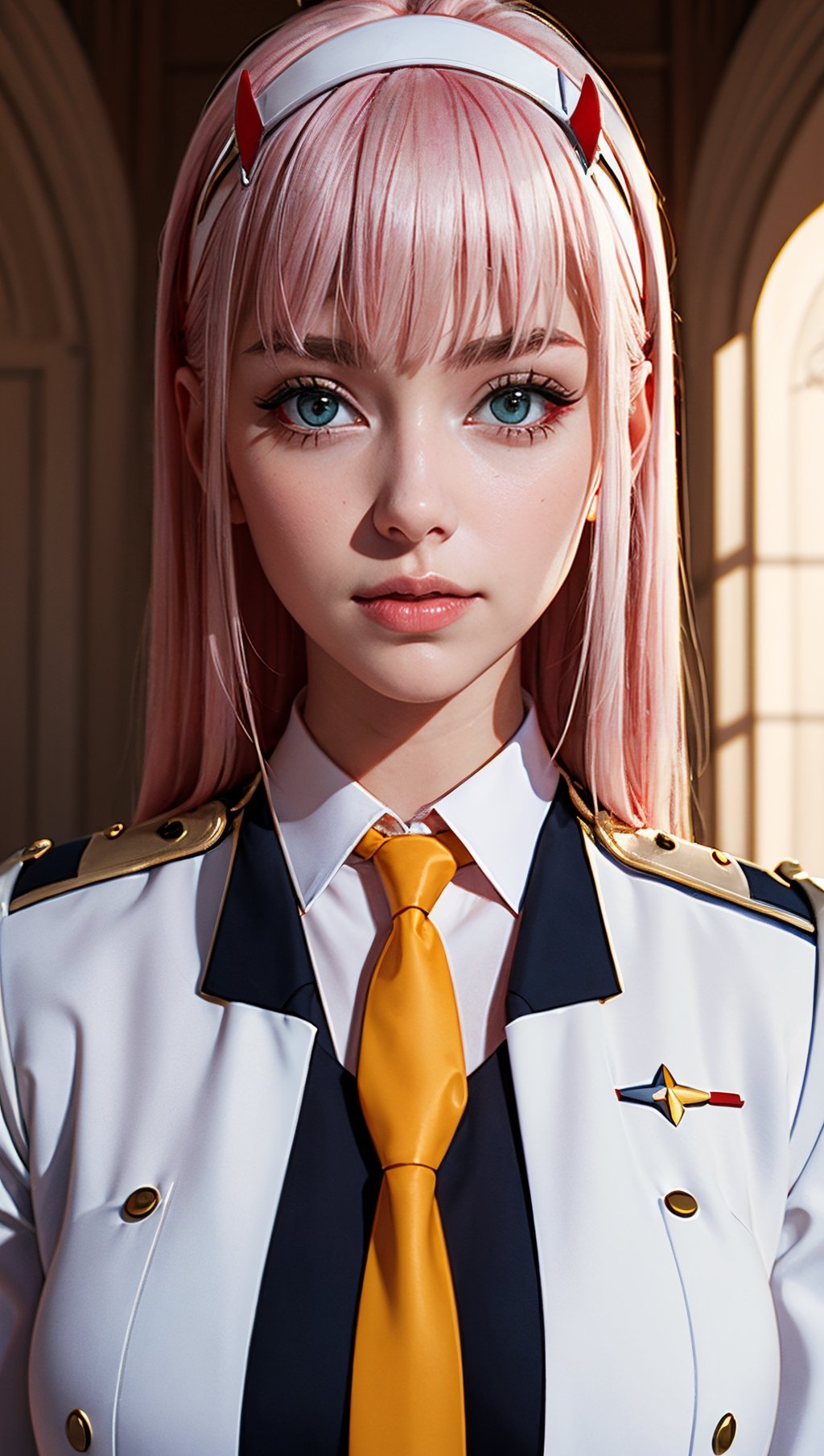 (masterpiece, best quality),zero_two, long hair, white hairband, straight hair, uniform, necktie, military, military uniform, lora:zero_two_darling_in_the_franxx-10:0.89
,zero two