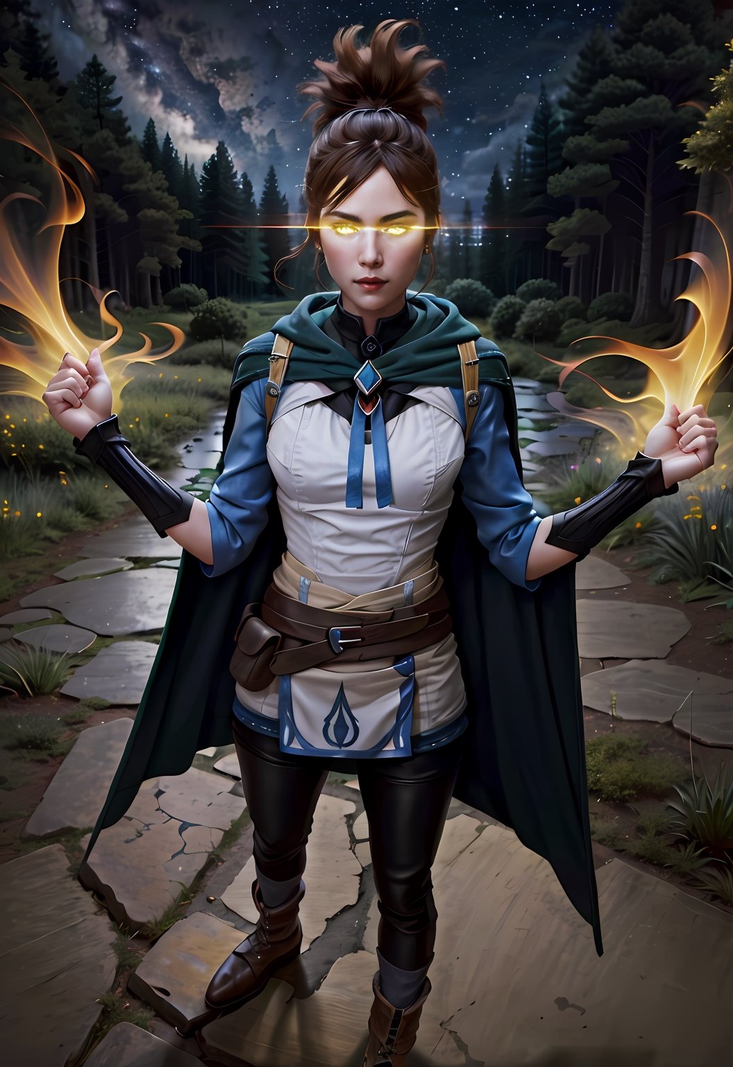 absurdres, high quality, best quality, marci dota2, 1girl, green cape, eye trail, glowing hands,   black pants, boots, standing, looking at viewer,  solo, glowing, cape, pants, breasts, yellow eyes, glowing eyes, brown hair, clenched hands, medium breasts, night,  earth, milky_way, starry, full body