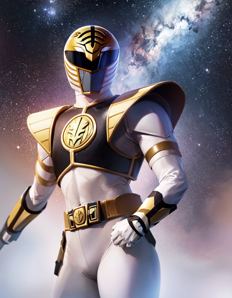 ((masterpiece,best quality)), absurdres,
lora:White_Ranger:0.7, White_Ranger, solo, black breastplate, tokusatsu, detailed helmet and armor, 
stars and space in background, cinematic composition, dynamic pose,