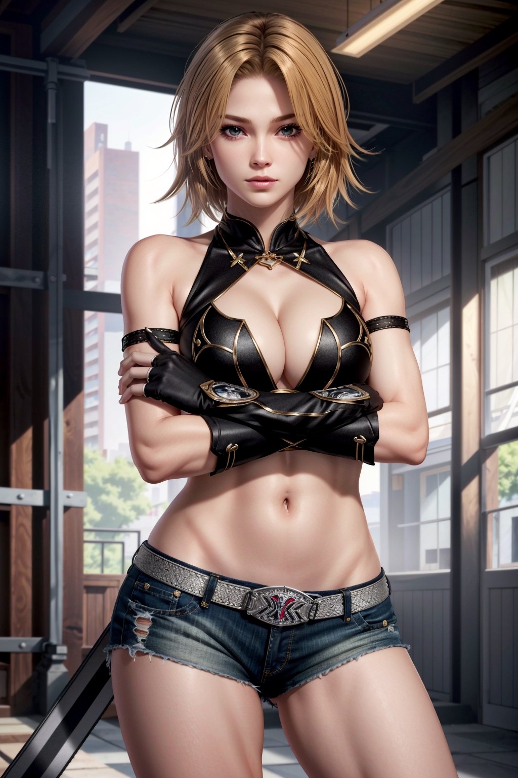 (masterpiece, best quality:1.3), lora:TinaArmstrongDOA:0.8,
TinaArmstrongDOA, 1girl, solo, breasts, looking at viewer, short hair, large breasts, gloves, navel, cleavage, bare shoulders, shorts, midriff, belt, lips, crop top, short shorts, clothing cutout, halterneck, black shorts, crossed arms, cleavage cutout, armlet, realistic

