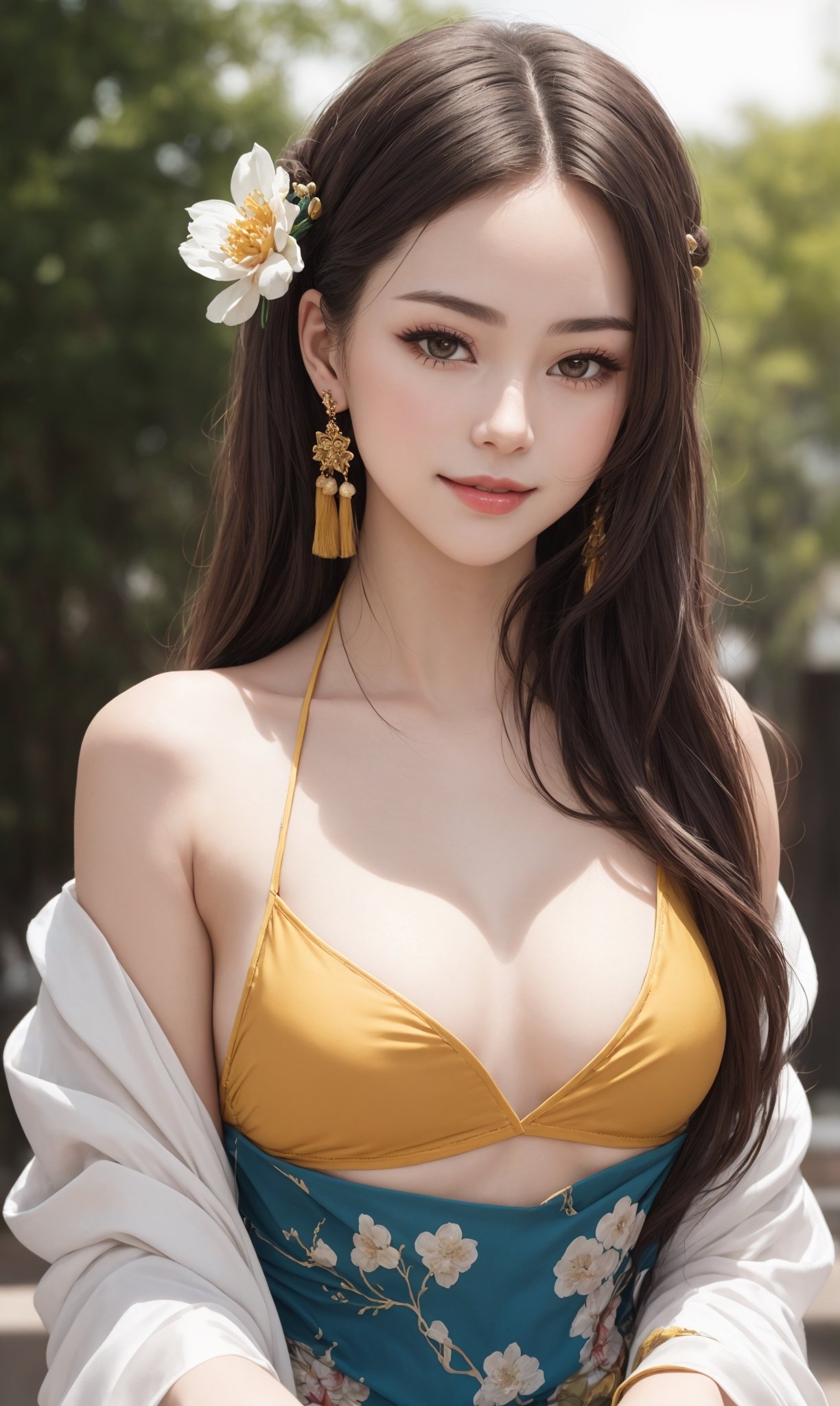 (beauty hair,ostentatious hair accessories,gorgeous hair accessories,light smile:1.15), (|||||||),(sexy hanfu clothes,slim waist:1.47),1girl,light smile,happy,((((upper body,real face photo,outdoor background,background blur)))),big eyes,analog style,physically-based rendering,ultra-detailed,professional lighting, photon mapping,(outdoor,bokeh),(RAW photo, best quality, masterpiece:1.3), (realistic, photo-realistic:1.3),detailed facial features,slim girl,tassel, innocent, bangs,(pureerosface_v1:0.55) ,(ulzzang-6500-v1.1:0.75),(flower_style:0.05),,(bridal hairstyle:1.15),(looking at viewer,close in viewer:1.7),small breasts,ear ring,hair bow,hair ring,bare shoulders, bare abdomen,cleavage,cosplay style,bikini style hanfu with miniskirt, see-through style,slim girl,(long hair,ostentatious hair accessories,gorgeous hair accessories:1.5),
