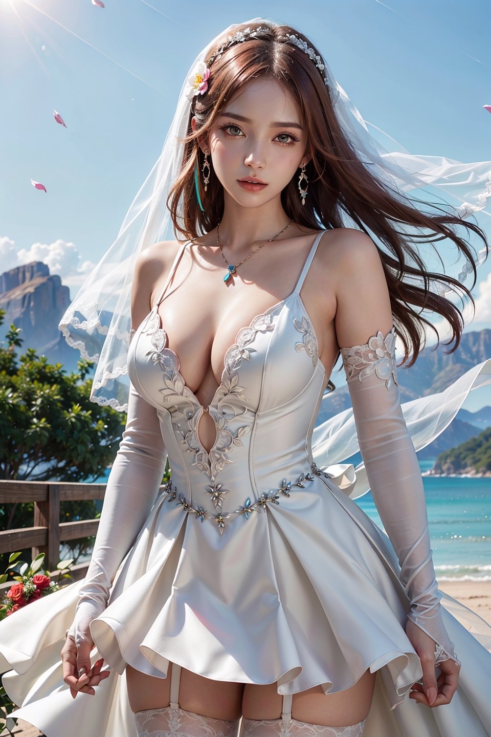 (masterpiece,best quality,ultra high res:1.1),(photo-realistic:1.3),
-
1girl,solo,(beautiful face,exquisite face,skin texture:1.2),(wet skin:1),
long hair,(floating hair:1.2),(ulzzang6500V:1.2),[(thighs:1.6)::2],
-
(open clothes,chest cutout:1.1),(plunging neckline,low neckline:1.1),
(armlet,jewelry,necklace,earrings),(cowboy shot:1.3),
-
[(light blue background:1.6)::5],[(sky:1.6):10],(falling-petals:1.3),
-
 lora:BremertonOath:1,(jelobremertonjrol,bridal veil,multicolored hair,wedding dress,white elbow gloves,red ribbon,hair flower,white thighhighs:1.3),high heels
