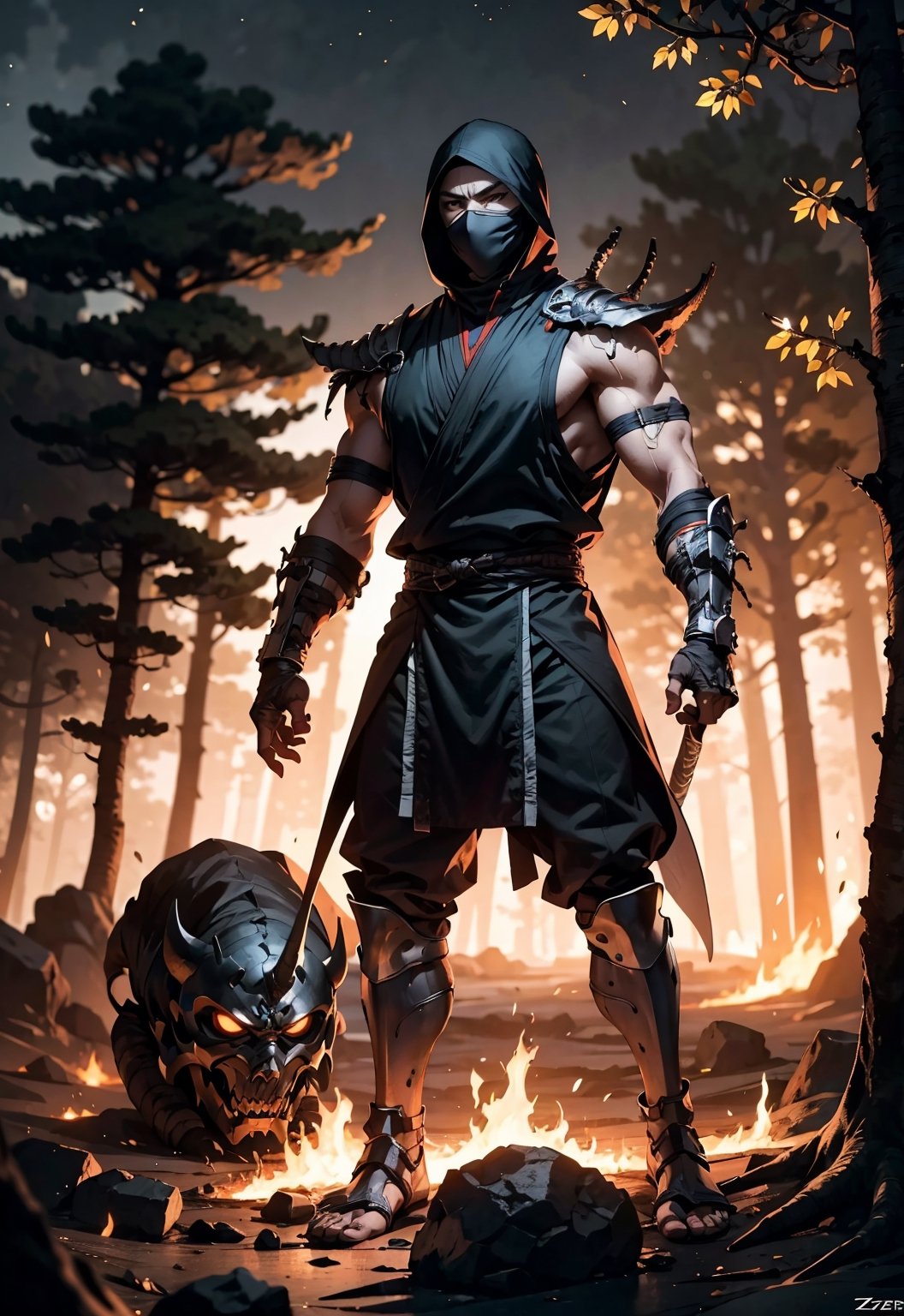 zbzr,man, ninja, black robes, loin cloth, looking at viewer, full body shot, mask, outside, fire, flamming trees, night, extreme detail, masterpiece,  ,mkscorpion