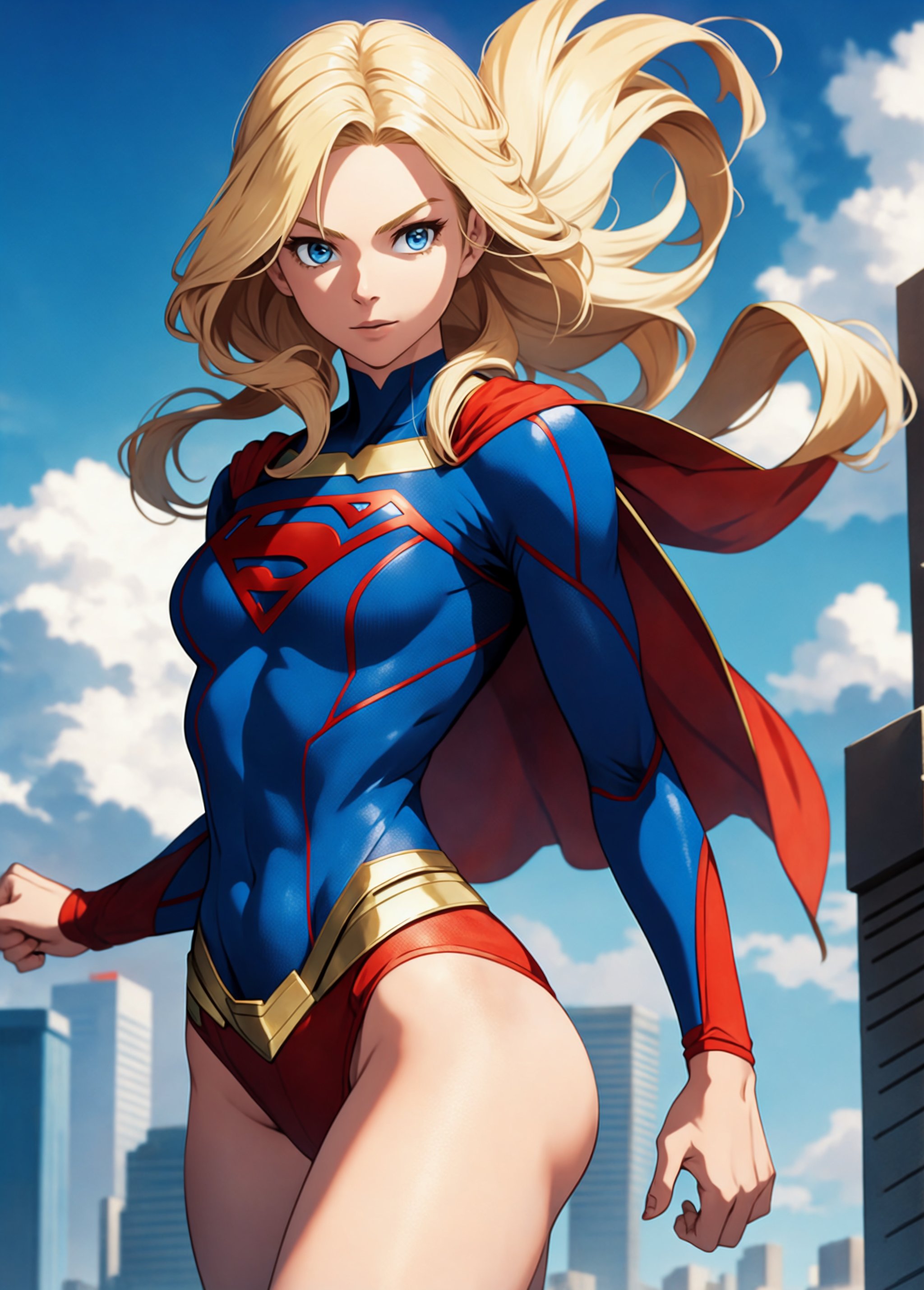 supergirl, woman, blonde hair, blue eyes, athletic figure, toned body, superhero pose, (masterpiece, best quality:1.1), ghibli style