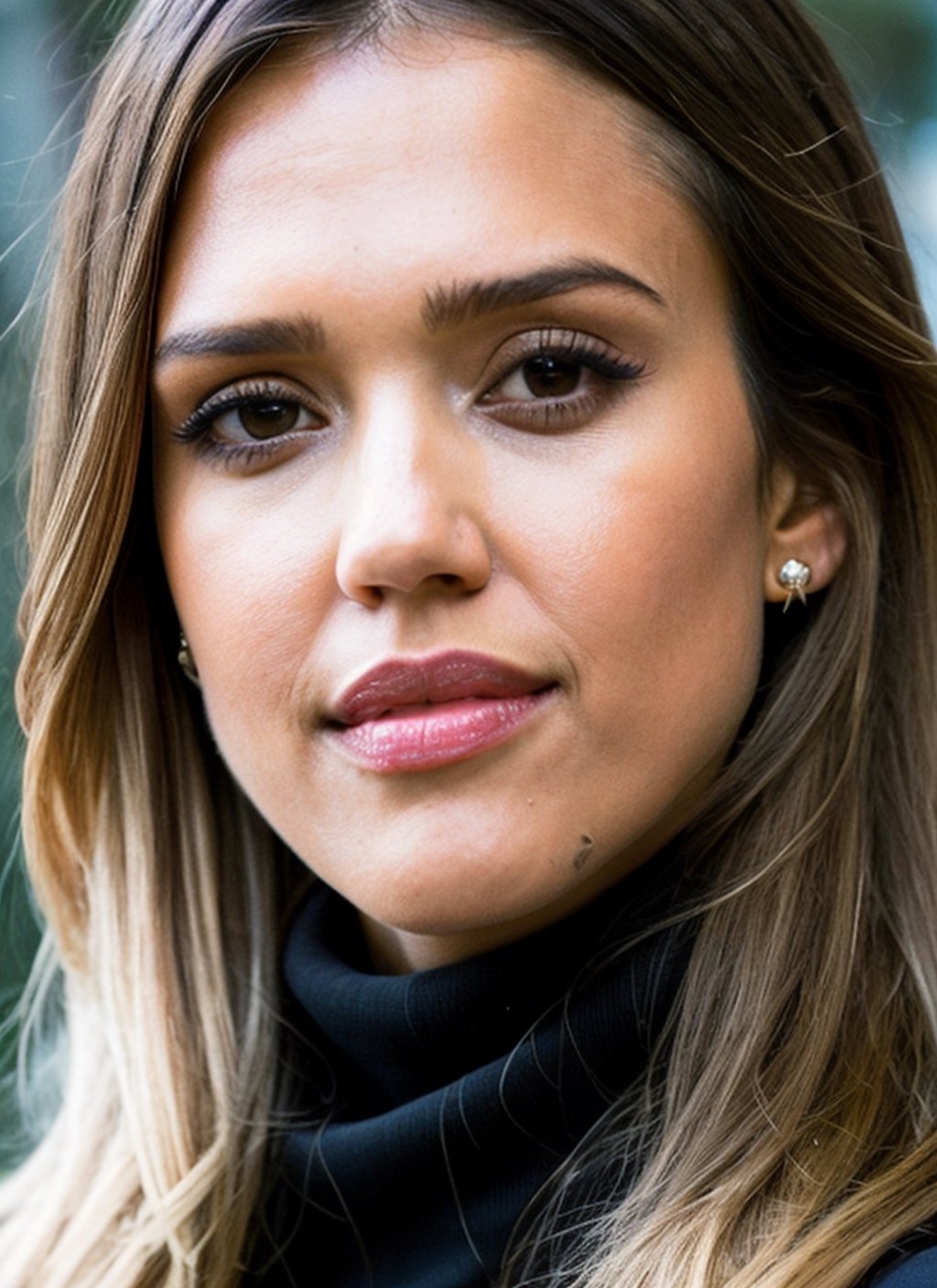 RAW portrait photo of beautiful young sks woman, black turtleneck, natural lighting, by Dominique Issermann, detailed face, UHD, absurdres, epic scene composition, 
cinematic look, Fujifilm XT3, dslr, high quality, film grain 
lora:locon_jessicaalba_v1_from_v1_64_32:1