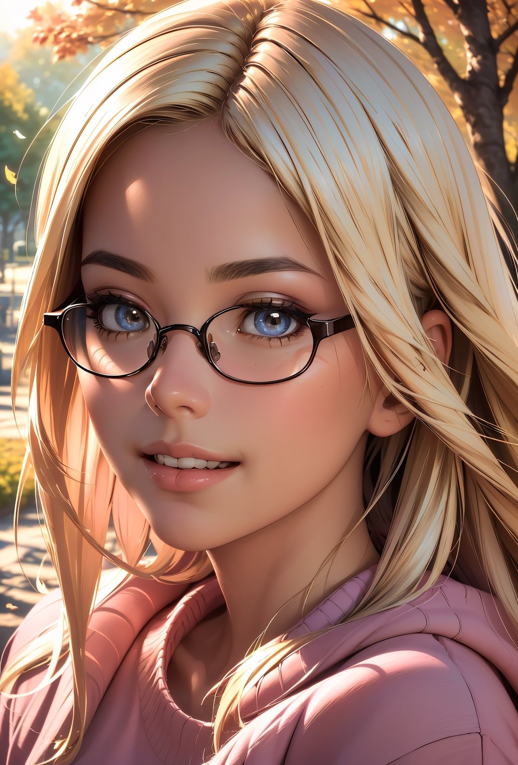 (best quality, masterpiece, perfect face, beautiful and aesthetic:1.2, colorful, dynamic angle, highest detailed face), 1girl, long straight blonde hair, big glasses, black rimmed glasses, happy smile, (wearing a pink oversized_sweater:1.2), pleated skirt, sunset, fall colors, beautiful trees, nature, flowers, windy, hair flowing in the wind, sun shinning through hair, high contrast, (official art, extreme detailed, highest detailed, natural skin texture, hyperrealism, soft light, sharp, perfect face)
