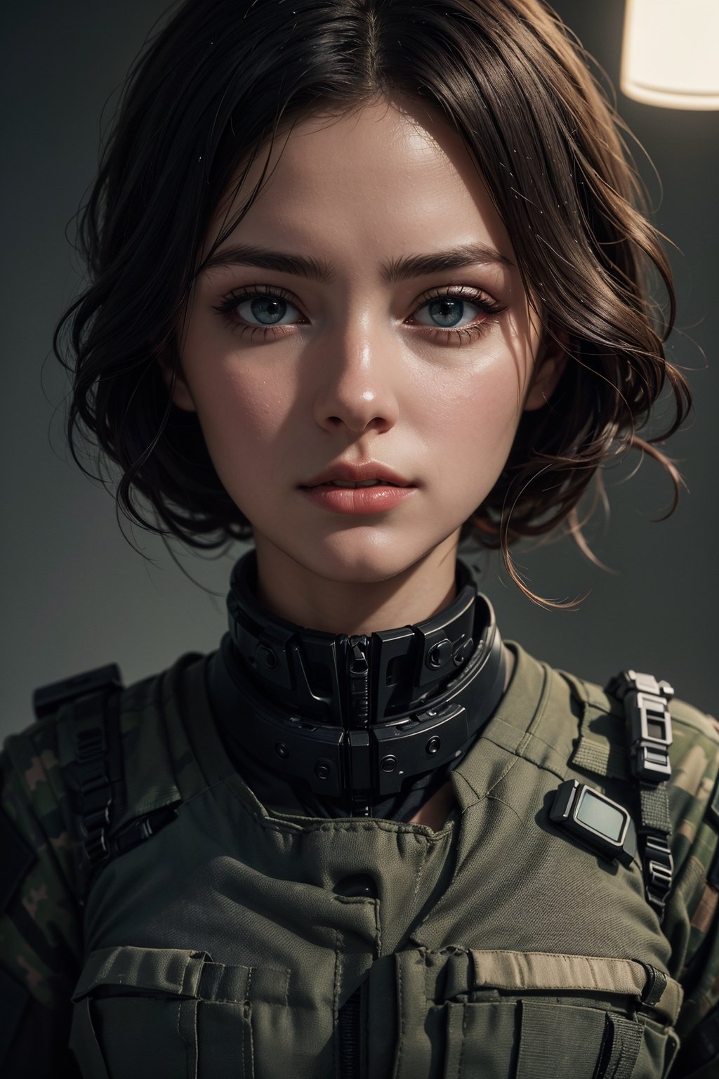 1girl, beautiful face, surrealism eyes, army tactical suit, black hair, small breast, oil, cinematic, cinematic lighting, (best quality:1.3), (masterpiece:1.3)
