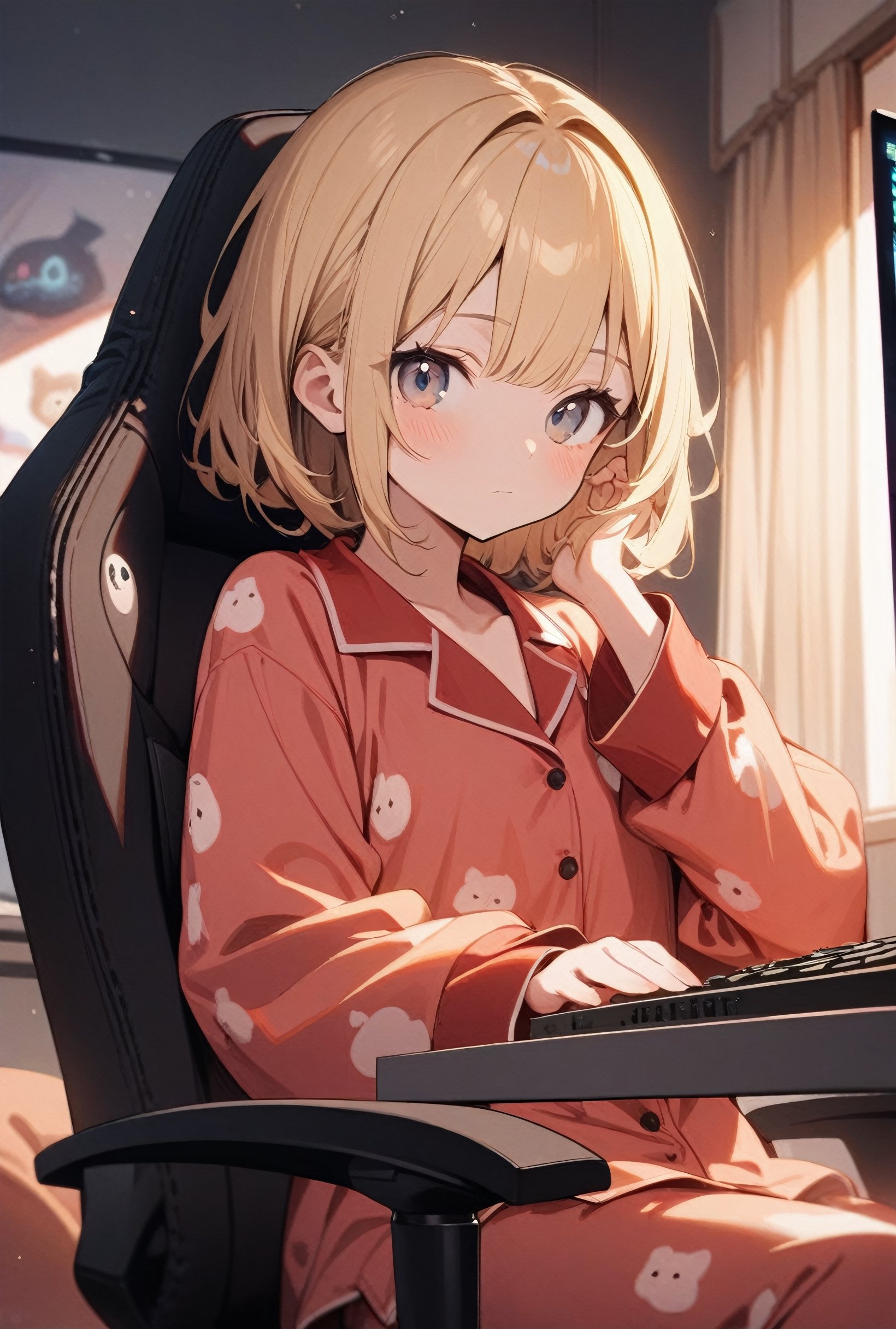 1girl, sitting on gaming chair, in front gaming desktop, in bedroom, looking at viewer, cute, pajamas, naive, indoor, best quality, blonde hair, 