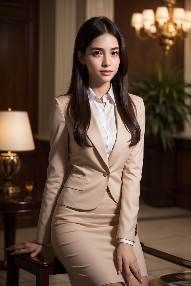 (1girl with beautiful face, mature, jewish, long straight hair, proportional body, full lips, natural skin, natural smile, moist, blush wearing ornate blazer and collared shirt and pencil skirt) sitting at comfort chair, crossing legs, at hotel lobby, portrait, photography, realistic, photo-realistic, 8k, highly detailed, full length frame, High detail RAW color art, piercing, diffused soft lighting, shallow depth of field, sharp focus, hyperrealism, cinematic lighting