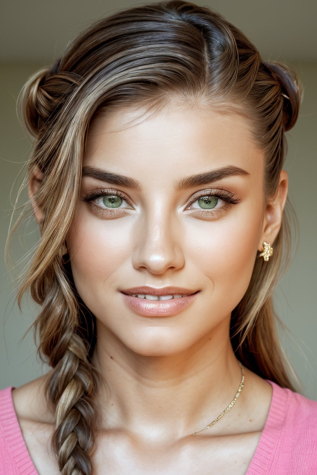 lyco:sd15_NicolaCavanis_loha_64_v1:.85, realistic photo of  NicolaCavanis, focus on eyes, close up on face, smile, wearing jewelry, pale green color hair styled as braided crown hair,