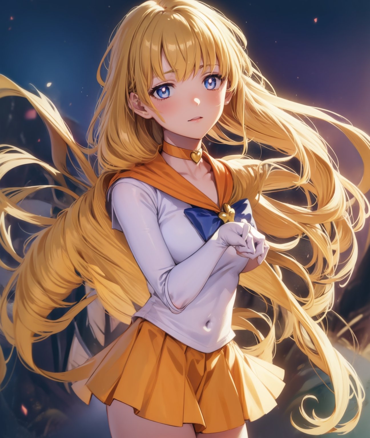 sailorvenus, lora:sailorvenus-lora-nochekaiser:1,sailor venus, blonde hair, blue eyes, bow, hair bow, half updo, long hair, red bow, tiara,BREAK back bow, choker, elbow gloves, gloves, jewelry, magical girl, orange choker, orange sailor collar, orange skirt, sailor collar, sailor senshi uniform, school uniform, serafuku, skirt, white gloves,BREAK outdoors, night, sky, star \(sky\), moon,BREAK looking at viewer, (cowboy shot:1.5),BREAK lyco:GoodHands-beta2:1, (masterpiece:1.2), best quality, high resolution, unity 8k wallpaper, (illustration:0.8), (beautiful detailed eyes:1.6), extremely detailed face, perfect lighting, extremely detailed CG, (perfect hands, perfect anatomy),