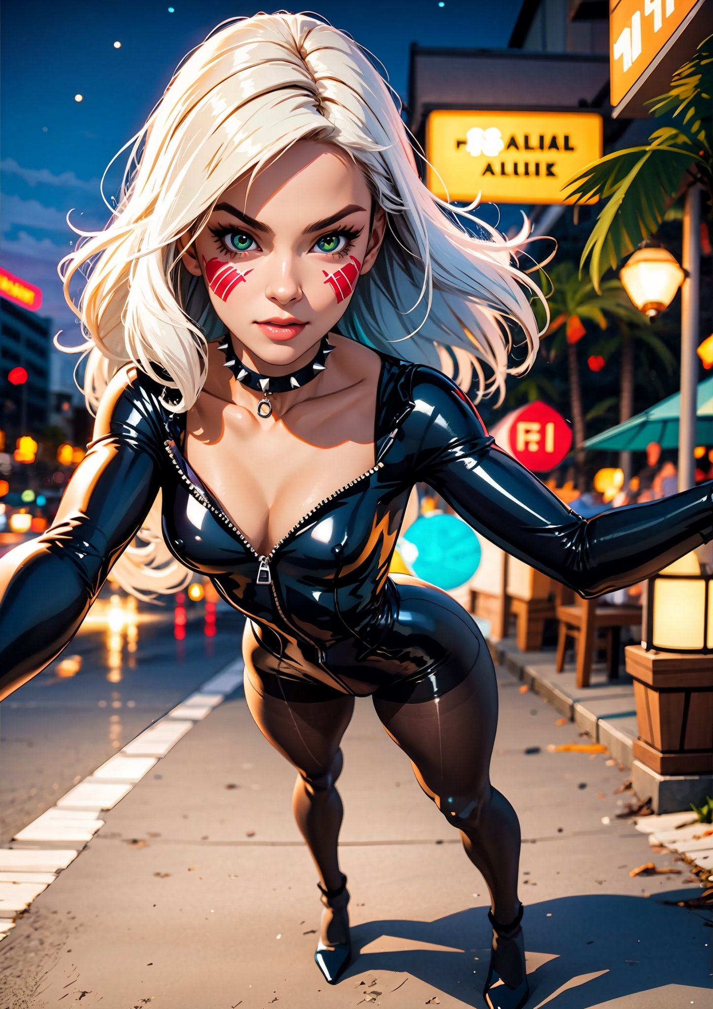 (full body:1.4), photo of a lady, CARTOON_felicia_blackcat_ownwaifu, (solo focus:1.4),  (look at viewer:1.2), long hair,white hair, domino mask, 
black choker, collarbone, cleavage,  
spiked collar,  black latex, shiny, bodysuit, white gloves, claws,  fur trim, unzipped, zipper, jewelry, center opening,
(curvy:1.4), (small breast:1.34), (narrow-waist:1.24), long legs, sheer tan color (pantyhose:1.4), (gladiater-heel:1.3),
(incoming attack pose :1.4), 
(Haulover Beach (USA Florida):1.2),
(soft light, narrow depth of field, sharp focus, realistic, best composition, best quality, bokeh:1.4), lora:CARTOON_felicia_blackcat_ownwaifu-15:0.5,
,felicia_blackcat_aiwaifu