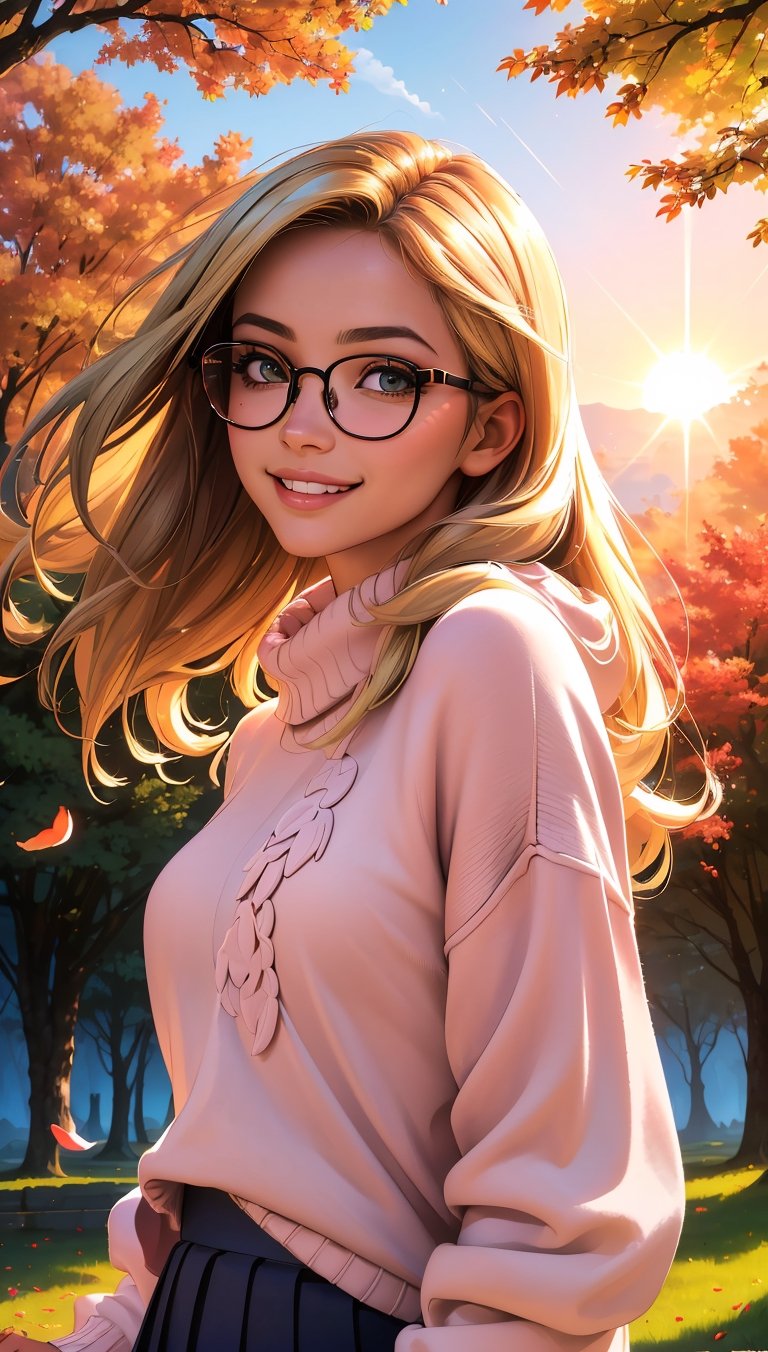 (best quality, masterpiece, perfect face, beautiful and aesthetic:1.2, colorful, dynamic angle, highest detailed face), 1girl, long straight blonde hair, big glasses, black rimmed glasses, happy smile, (wearing a pink oversized_sweater:1.2), pleated skirt, sunset, fall colors, beautiful trees, nature, flowers, windy, hair flowing in the wind, sun shinning through hair, high contrast, (official art, extreme detailed, highest detailed, natural skin texture, hyperrealism, soft light, sharp, perfect face)
