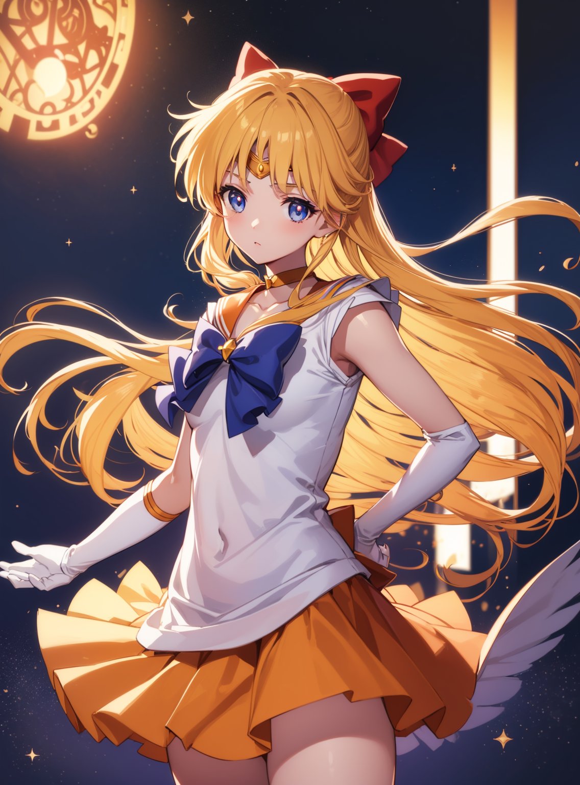 sailorvenus, lora:sailorvenus-lora-nochekaiser:1,sailor venus, blonde hair, blue eyes, bow, hair bow, half updo, long hair, red bow, tiara,BREAK back bow, choker, elbow gloves, gloves, jewelry, magical girl, orange choker, orange sailor collar, orange skirt, sailor collar, sailor senshi uniform, school uniform, serafuku, skirt, white gloves,BREAK outdoors, night, sky, star \(sky\), moon,BREAK looking at viewer, (cowboy shot:1.5),BREAK lyco:GoodHands-beta2:1, (masterpiece:1.2), best quality, high resolution, unity 8k wallpaper, (illustration:0.8), (beautiful detailed eyes:1.6), extremely detailed face, perfect lighting, extremely detailed CG, (perfect hands, perfect anatomy),