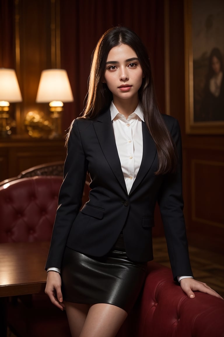 (1girl with beautiful face, mature, jewish, long straight hair, proportional body, full lips, natural skin, natural smile, moist, blush wearing ornate blazer and collared shirt and pencil skirt) sitting at comfort chair, crossing legs, at hotel lobby, portrait, photography, realistic, photo-realistic, 8k, highly detailed, full length frame, High detail RAW color art, piercing, diffused soft lighting, shallow depth of field, sharp focus, hyperrealism, cinematic lighting