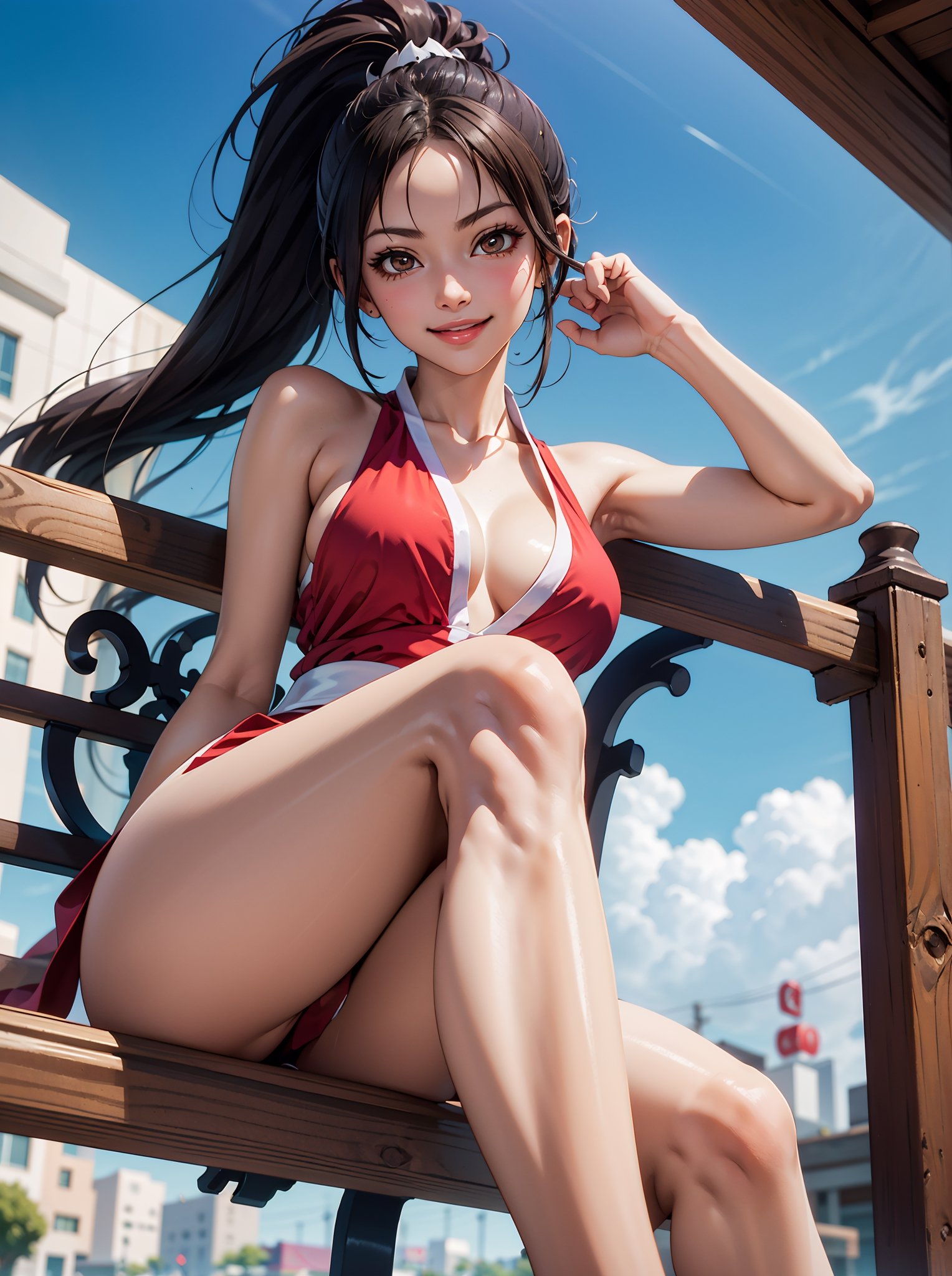 sfchunli, looking at viewer, smiling, cute pose, 
sitting, on bench, crossing legs, from_below, outside, blue sky, extreme detail, masterpiece, beautiful quality, brown eyes