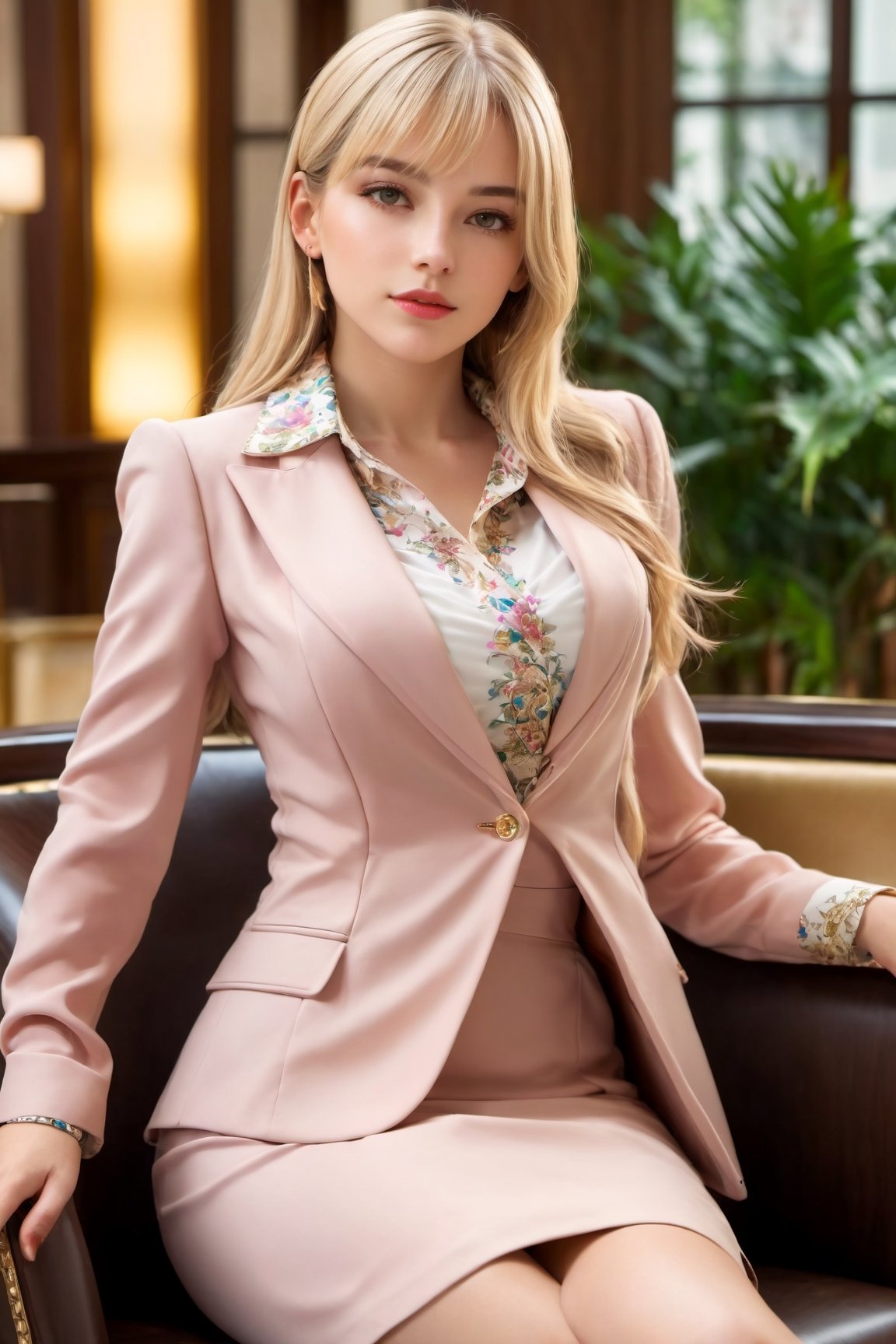 exposure blend ,hdr, high vibrance, low saturation, hyperdetailed, Masterpiece, 32k, 
(1girl with beautiful face, mature, jewish, long light blonde hair, asymmetrical bangs, proportional body, full lips, natural skin, natural smile, moist, blush wearing ornate blazer and collared shirt and pencil skirt) sitting at comfort chair, crossing legs, at hotel lobby, ultra realistic, ultrasharp, soft light.