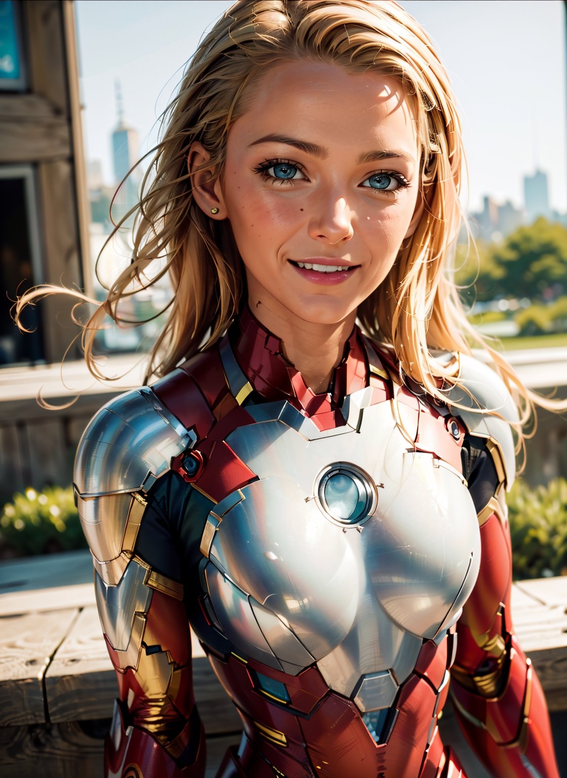 (extremely detailed, realistic, perfect lighting, vibrant colors,intricate details,absurdres),(masterpiece, high detailed skin:1.3),1girl,light blonde hair,layered hair, 2/3 body, 
{ petite, (perfect hands, perfect anatomy)), wearing pink iron man armor without helmet, }
{ smiling, seducing, new york city park background,)},iron man