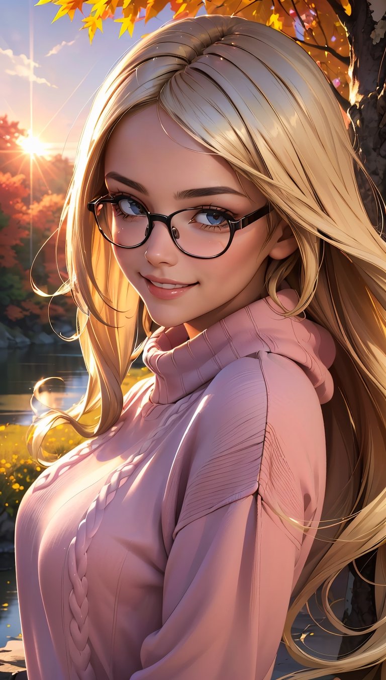 (best quality, masterpiece, perfect face, beautiful and aesthetic:1.2, colorful, dynamic angle, highest detailed face), 1girl, long straight blonde hair, big glasses, black rimmed glasses, happy smile, (wearing a pink oversized_sweater:1.2), pleated skirt, sunset, fall colors, beautiful trees, nature, flowers, windy, hair flowing in the wind, sun shinning through hair, high contrast, (official art, extreme detailed, highest detailed, natural skin texture, hyperrealism, soft light, sharp, perfect face)
