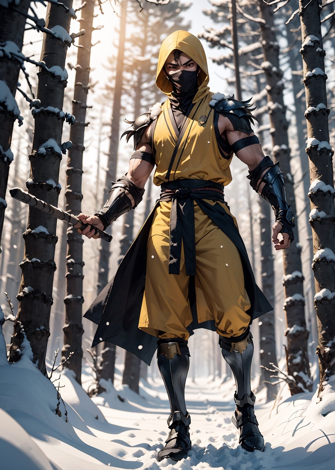 zbzr,man, ninja, yellow robes, loin cloth, looking at viewer, full body shot, outside, snow, snowing, trees, night, extreme detail, masterpiece,  ,mkscorpion