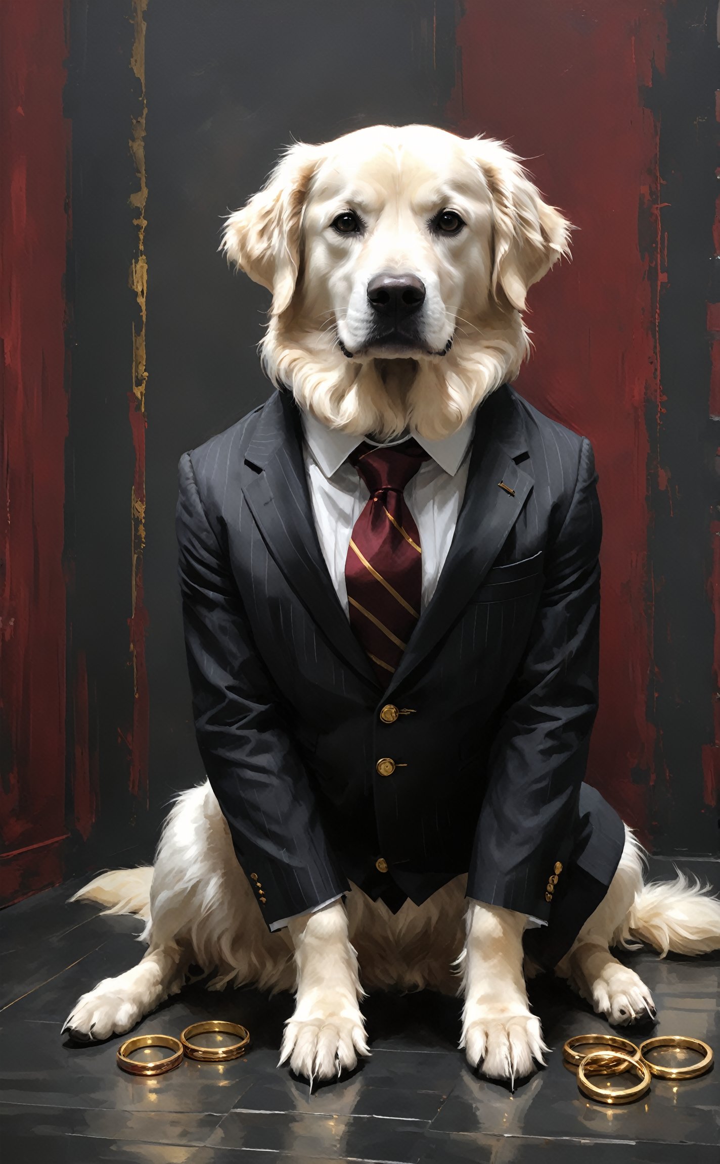 white golden retriever mafia boss wearing black suit with grey stripes. sitting in a dark room with dark red walls, gold rings, solo


