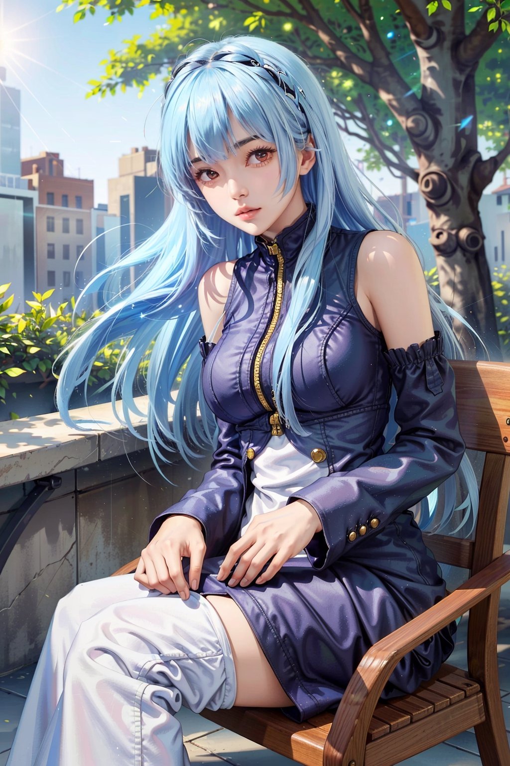 (masterpiece, best quality:1.3)   KOFKula, 1girl, solo, blue hair, bangs, cafe terrace, morning, peaceful and serene with soft morning sunlight