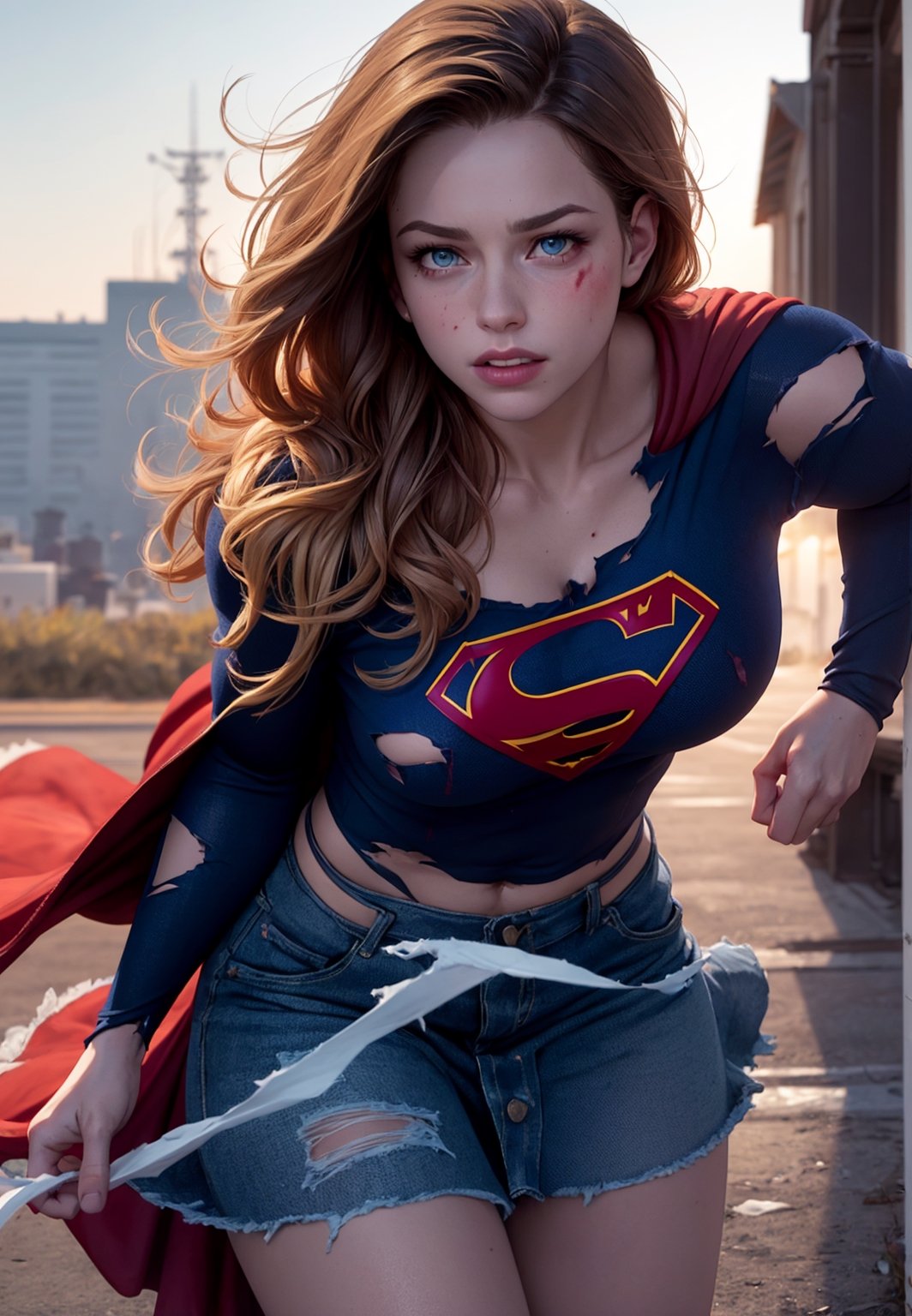 8k, best quality, real picture, intricate details, ultra-detailed, ultra highres, depth field,(photorealistic,realistic:1.2),masterpiece,photo of  european girl, supergirl, (bruise, dirty, torn clothes, revealing clothes, blood:1.3), blue eyes, blonde hair, long hair, ripped cape, ripped pantyhose, superhero, solo, sun, blue sky,best quality, realistic, photorealistic, (intricate details:1.2), (delicate detailed), (cinematic light), clear line, sharp focus, realistic face, detailed face,unity 8k wallpaper, ultra high res, (photorealistic:1.4), looking at viewer  lora:Supergirl:1