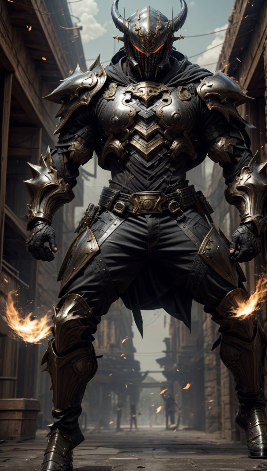 photorealistic, high resolution, soft light work of art,1man, Picture a young man in fighting stance, muscular body, short spiky black hair, full body,  Wide Shot,  wallpaper,  (cinematic dramatic light),  (detailed black armored suit, ripped),  (armored weapon:1),  arcane,  wind magic,  magic surrounds,  mesmerizing,  visual effects,  fire flying all over the shinning sky,  creepy sad laughing demon mask,  assassin weapon,  perfect hands,  sacred fantasy, dynamic pose, ancient portal in the background, JINKUNGFU, Male focus, Hard Gay focus,bara