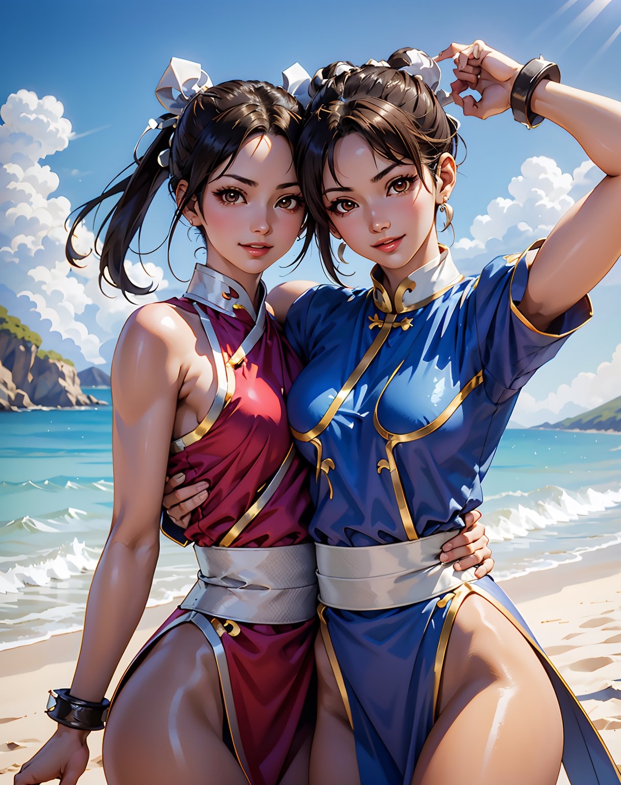 pictures of 2 beautiful girls, chun li and shiranui mai, looking at viewer, smiling, hug, cute pose, outside, blue sky, extreme detail, masterpiece, beautiful quality, ,brown eyes, shiranui mai, chun li