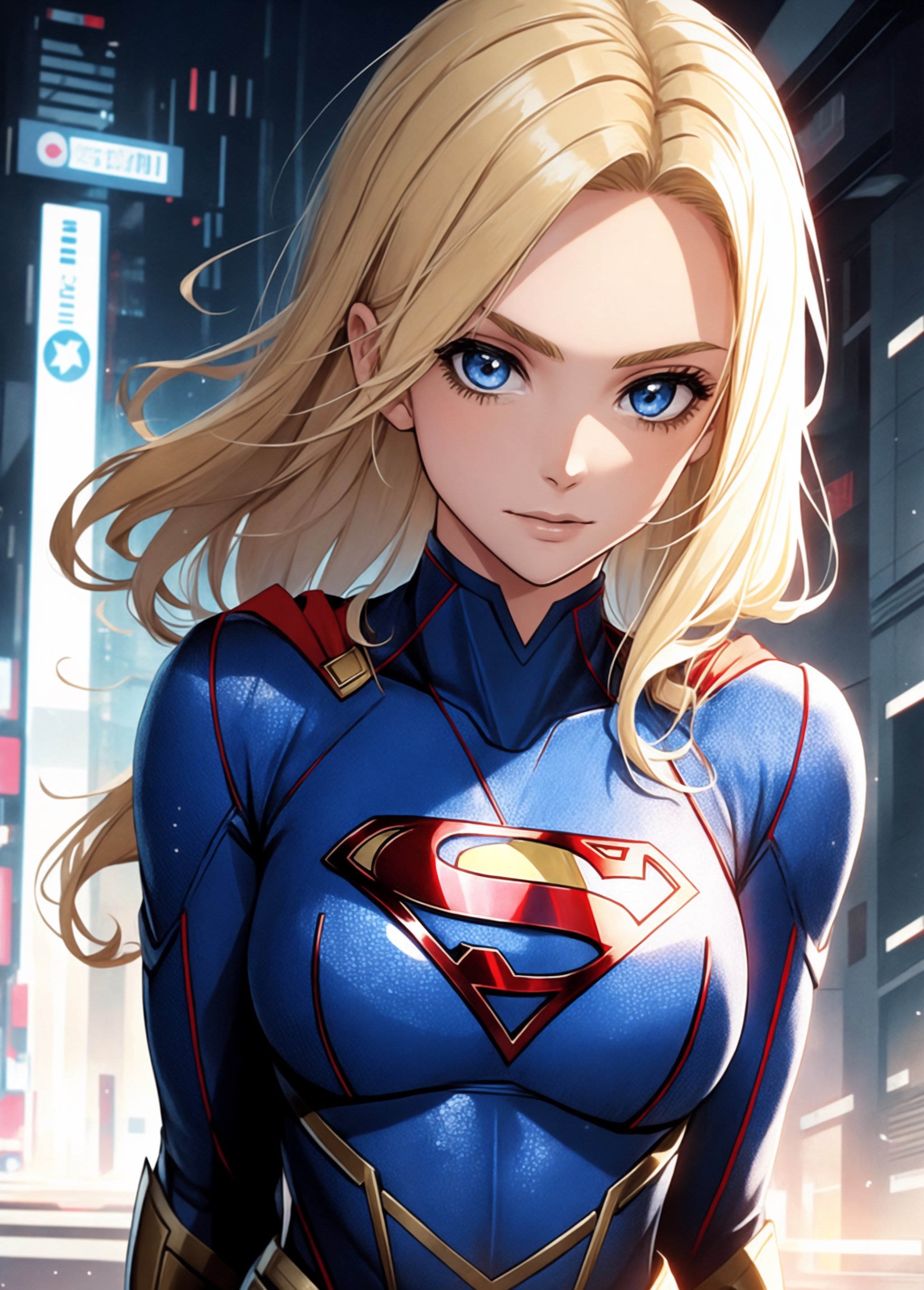 Beautiful supergirl medium blonde hair, roupas curtas estilo cyberpunk, with superman S symbol on the chest, olhos azuis, seios pequenos.