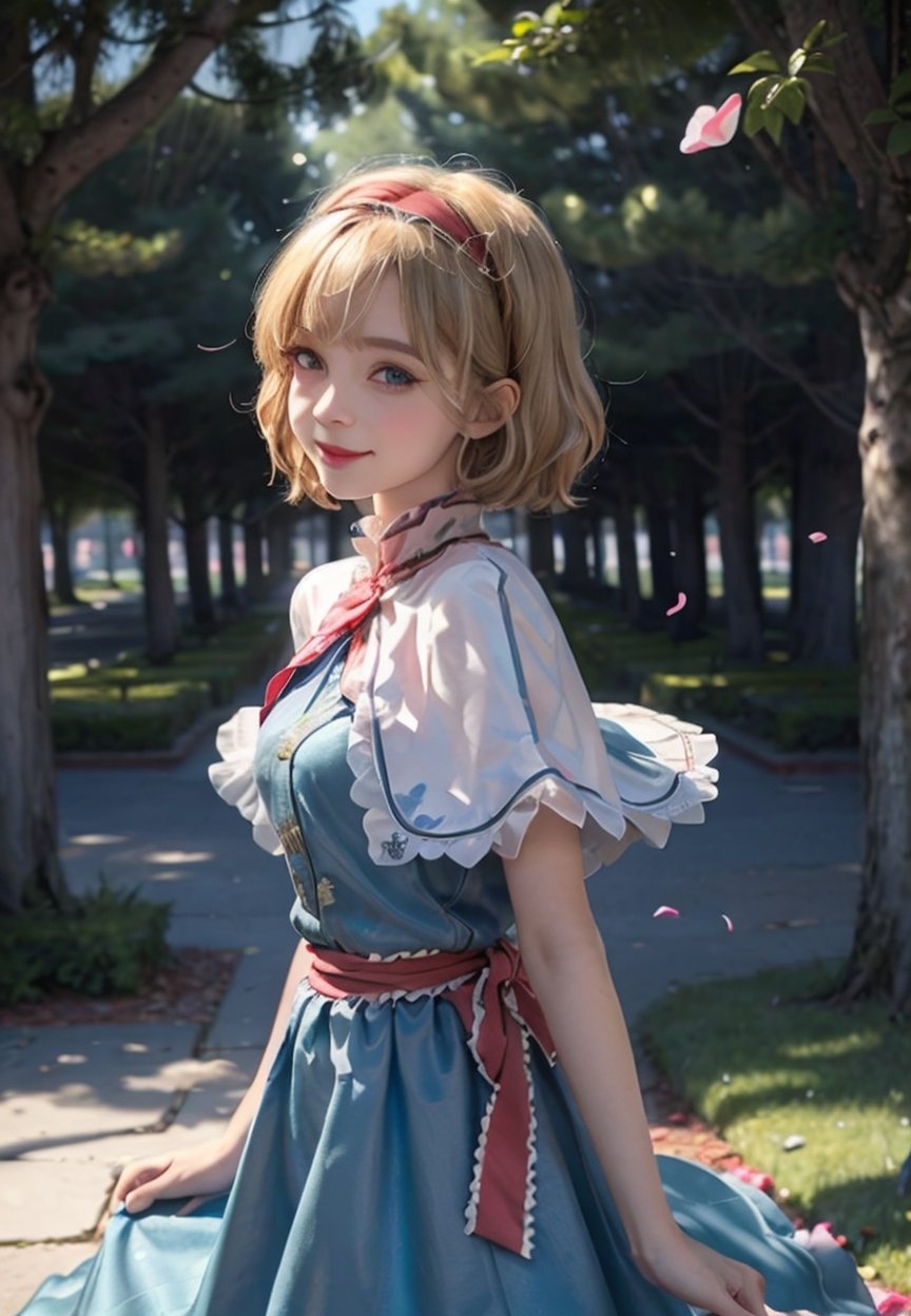 masterpiece, best quality, lora:alice:1,doll,blonde hair, hairband, (shanghai doll:1),alice margatroid, blue eyes, capelet, 1girl, petals, smile, dress, solo, sash, bow, hair bow, short hair, long hair, blue dress,park background, 