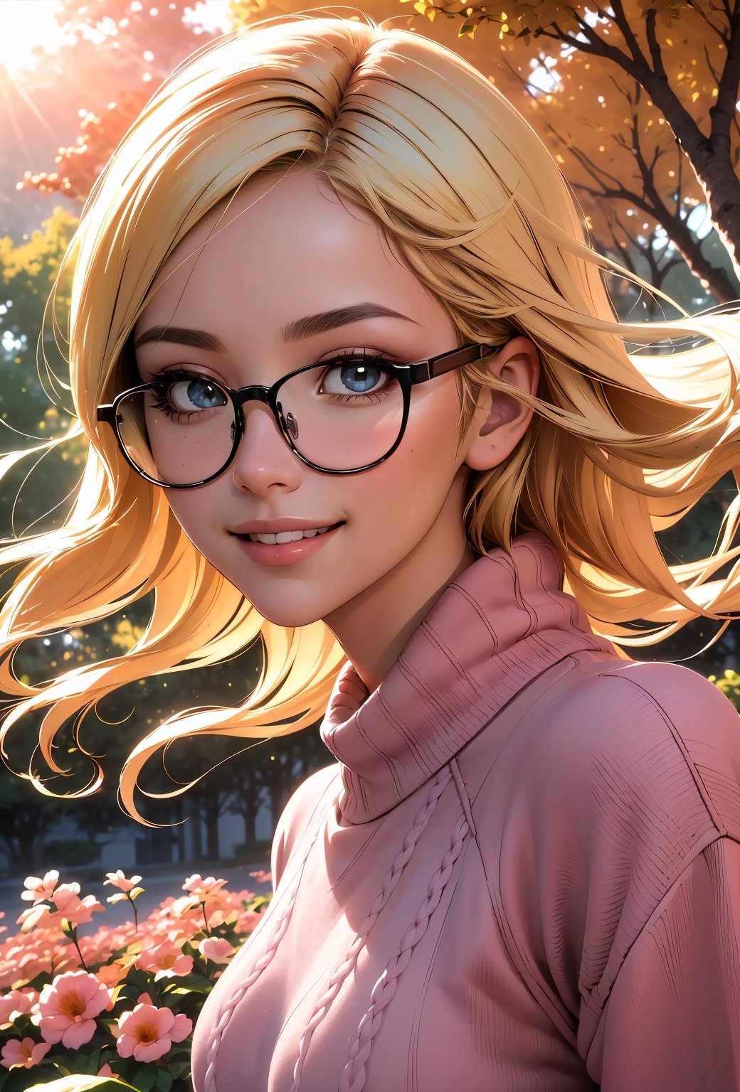 (best quality, masterpiece, perfect face, beautiful and aesthetic:1.2, colorful, dynamic angle, highest detailed face), 1girl, long straight blonde hair, big glasses, black rimmed glasses, happy smile, (wearing a pink oversized_sweater:1.2), pleated skirt, sunset, fall colors, beautiful trees, nature, flowers, windy, hair flowing in the wind, sun shinning through hair, high contrast, (official art, extreme detailed, highest detailed, natural skin texture, hyperrealism, soft light, sharp, perfect face)

