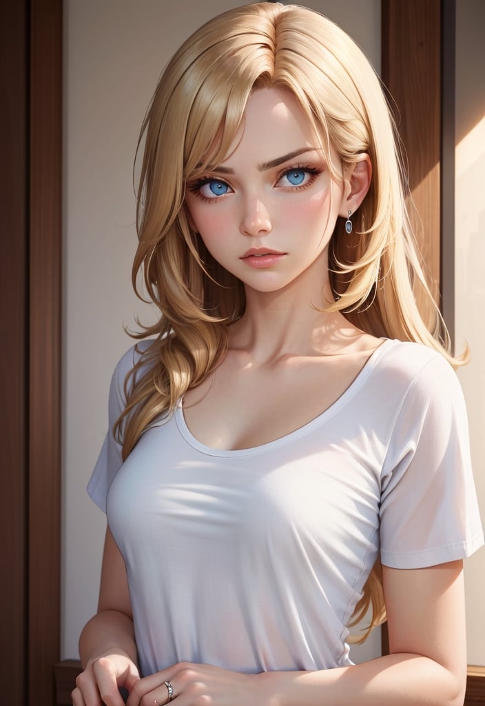 Highly detailed, High Quality, Masterpiece, beautiful, TomReadingTheNewspaper, , 1girl, Maria solo, blonde hair, beautiful eyes, furrowed brow, white t-shirt, diamond ring lora:Maria:1
