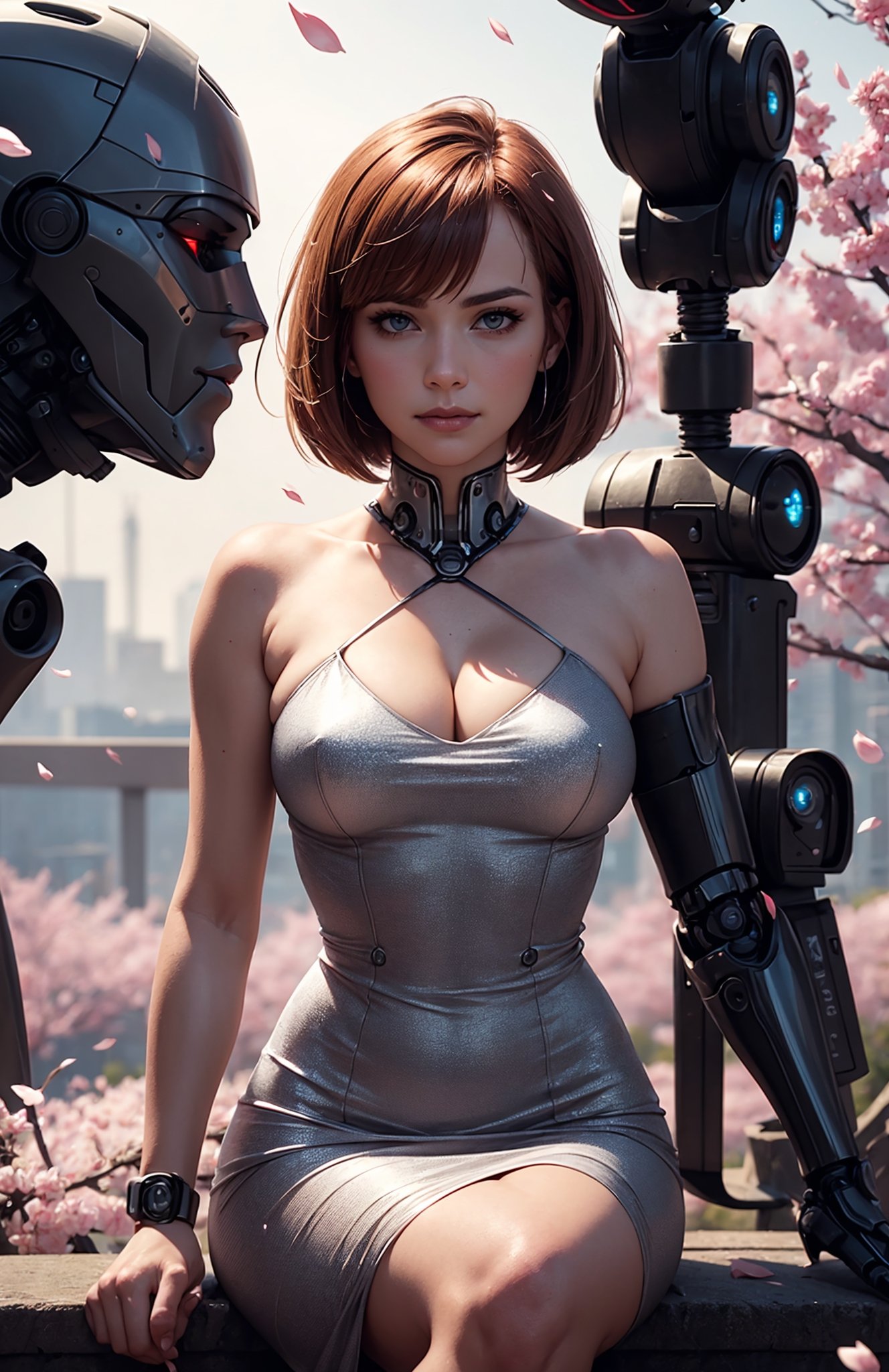 (masterpiece, best quality, hires, high resolution:1.2), extremely detailed, realistic, highres, (cinematic lighting, perfect lighting, volumetric), 1girl, solo, smirk, blush, looking at viewer, (auburn bob haircut), bare shoulders, (Futuristic android dress with robotic appendages and silver accents, see-through:1.2), small breasts, cleavage, Arms crossed over the chest, looking serious, outdoors, park, cherry blossoms, falling petals,
