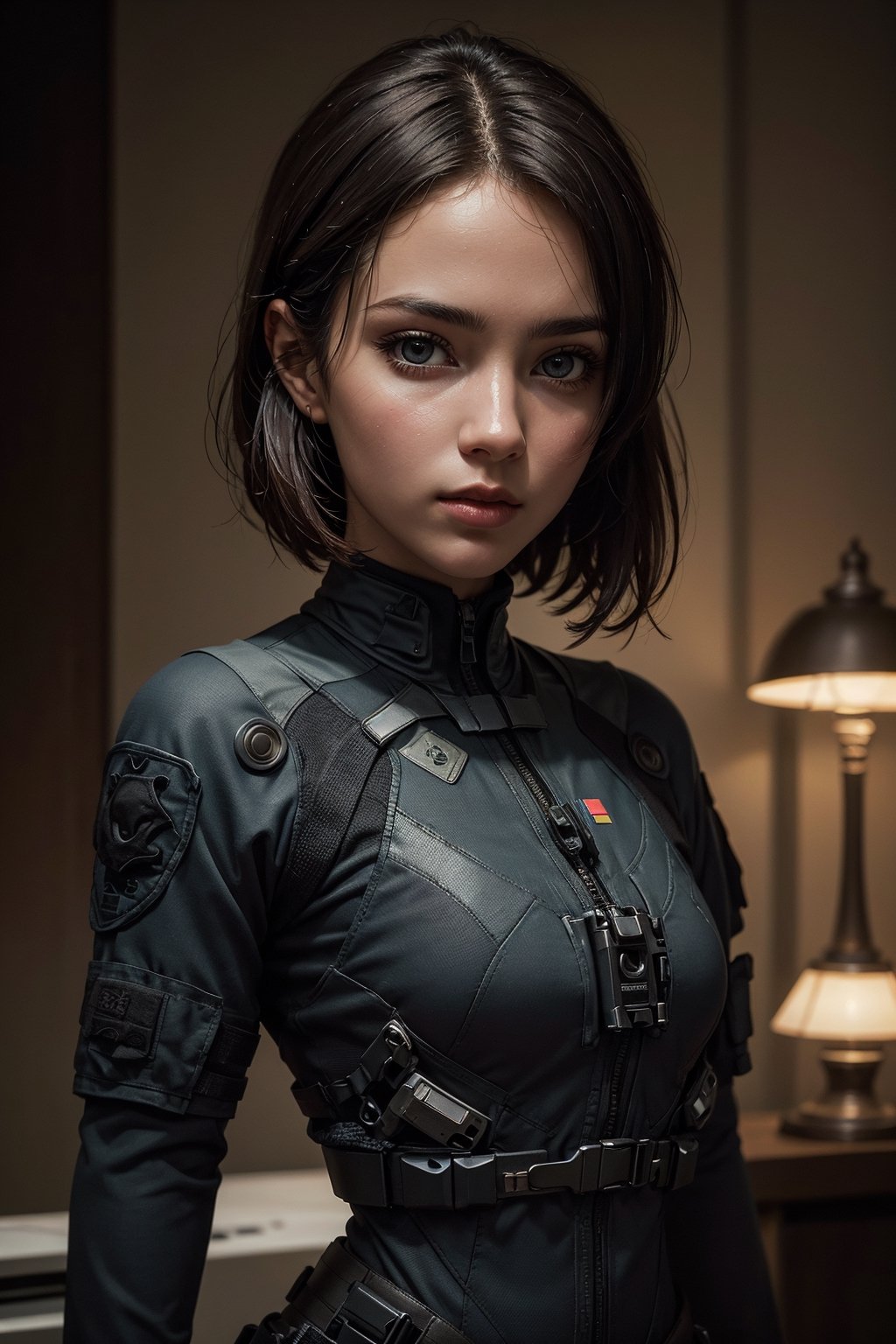 1girl, beautiful face, surrealism eyes, army tactical suit, black hair, small breast, oil, cinematic, cinematic lighting, (best quality:1.3), (masterpiece:1.3)
