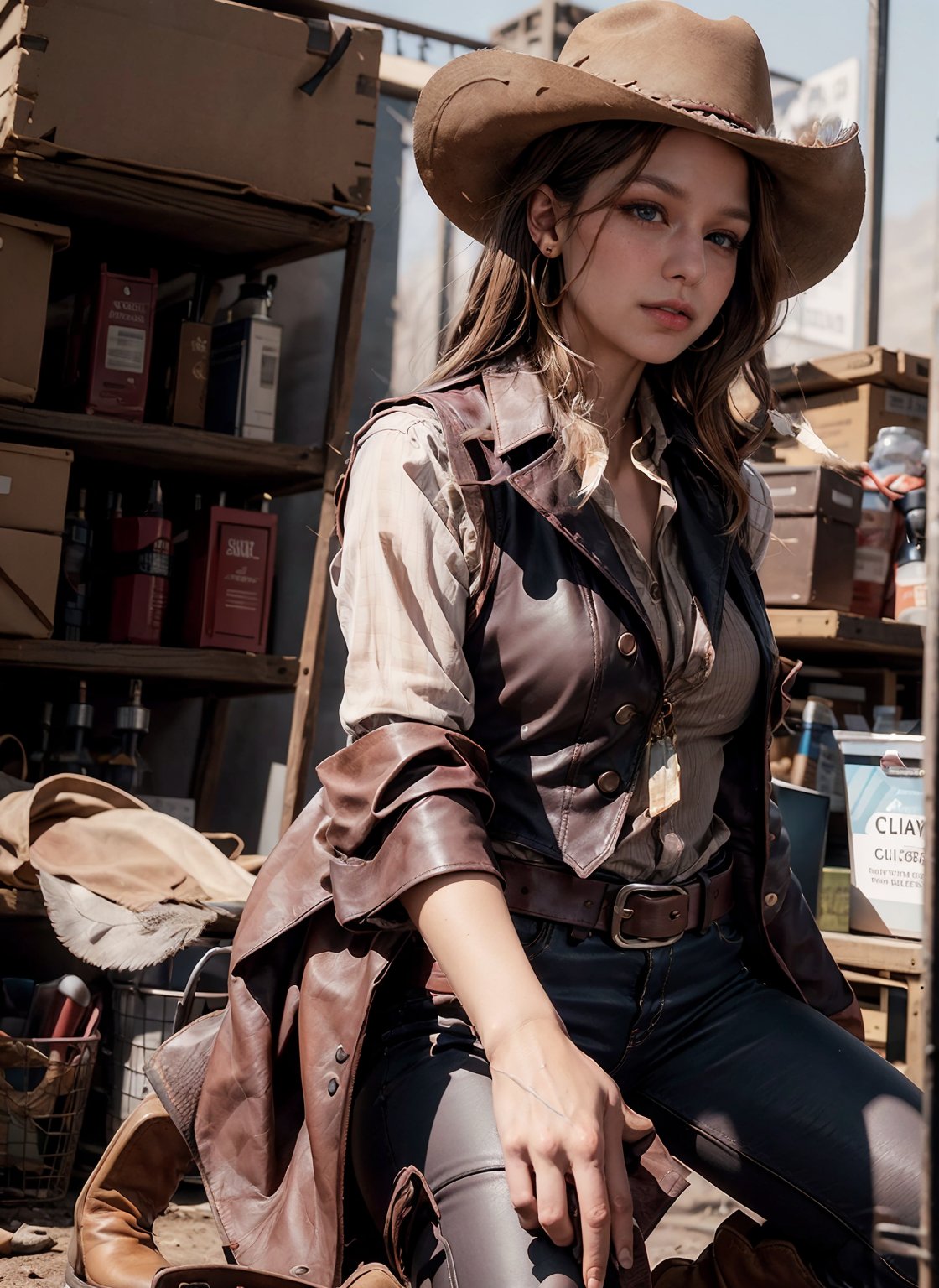 Beauty,blush,perfect eyes,long eyelashes,makeup,hat,vest,tight leather,pants,boots,belt,cowboy boots,bandolier,bohemic,Calamity jane,cool,sexy,confident,feather earrings,she is influenced by both settler and indian culture,ultra realistic,8k, hd, wild west,grit,dirt, 