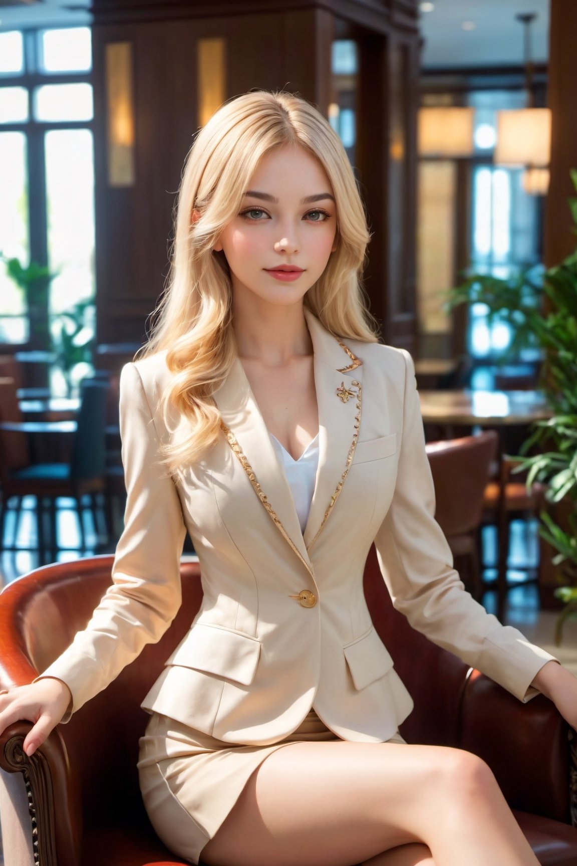 exposure blend ,hdr, high vibrance, low saturation, hyperdetailed, Masterpiece, 32k, 
(1girl with beautiful face, mature, jewish, long light blonde hair, asymmetrical bangs, proportional body, full lips, natural skin, natural smile, moist, blush wearing ornate blazer and collared shirt and pencil skirt) sitting at comfort chair, crossing legs, at hotel lobby, ultra realistic, ultrasharp, soft light.