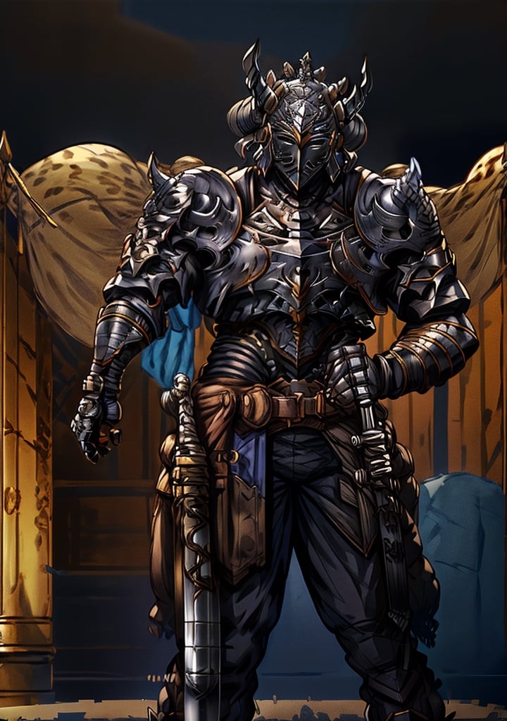 ((masterpiece)), (best quality), absurdres, lora:HApollonia:0.7, ARM1, (((helmet))), gauntlets, breastplate, plate armor, castle,  horned helmet,black knight \(granblue fantasy\), (((no eyes))), hand on hip, sword, holding sword, holding weapon, cape, leopard print, from side, fighting, fighting stance, in motion,