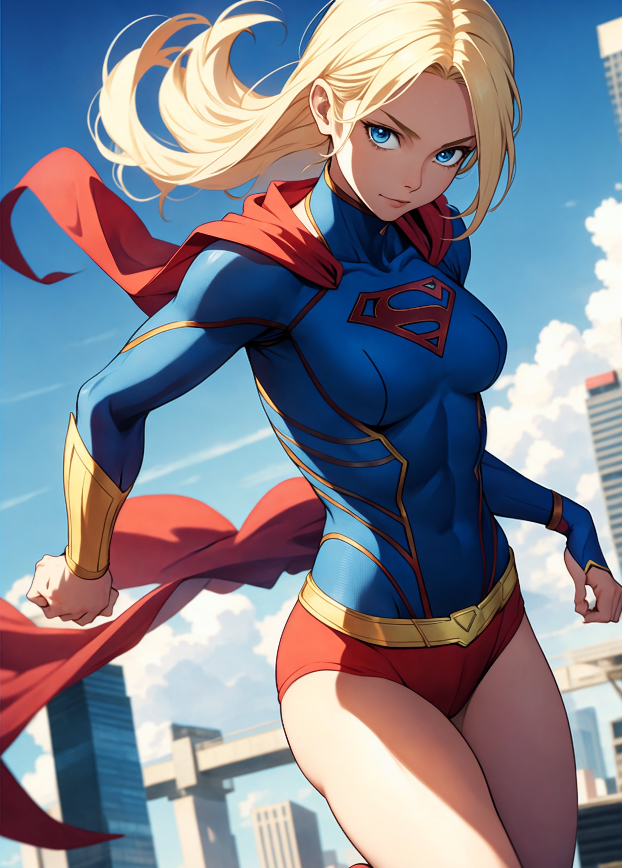 supergirl, woman, blonde hair, blue eyes, athletic figure, toned body, superhero pose, (masterpiece, best quality:1.1), ghibli style