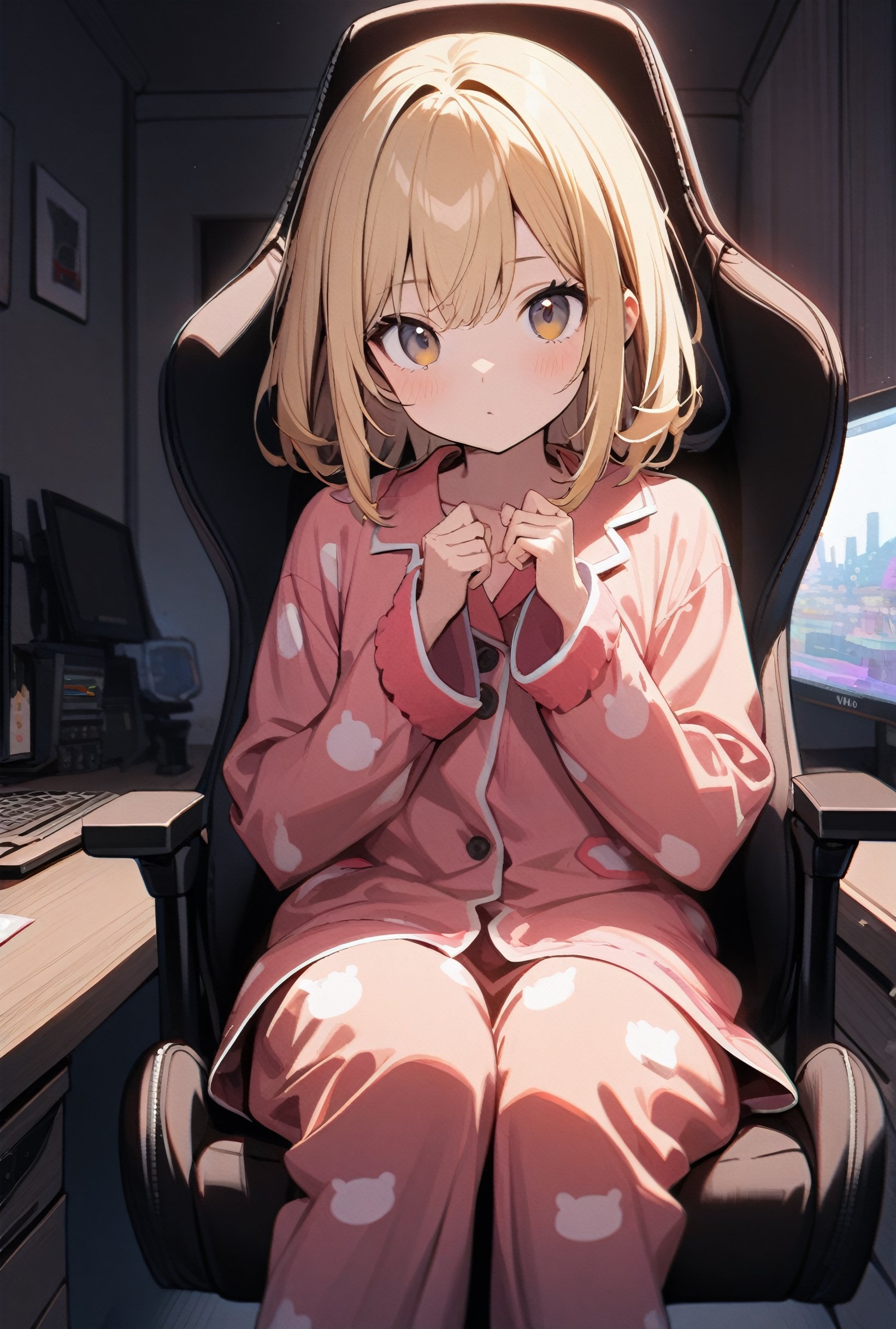 1girl, sitting on gaming chair, in front gaming desktop, in bedroom, looking at viewer, cute, pajamas, naive, indoor, best quality, blonde hair, 